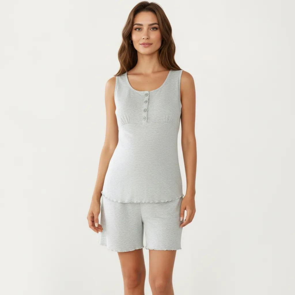Anna-Kaci Women's Maternity 2-Piece Set Sleeveless Henley Pajama Top with Relaxed Fit Shorts and Soft Textured Fabric