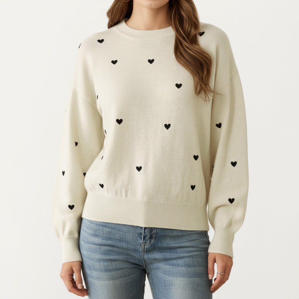 Anna-Kaci Women's Long Sleeve Heart Pattern Knit Sweater with Ribbed Trim