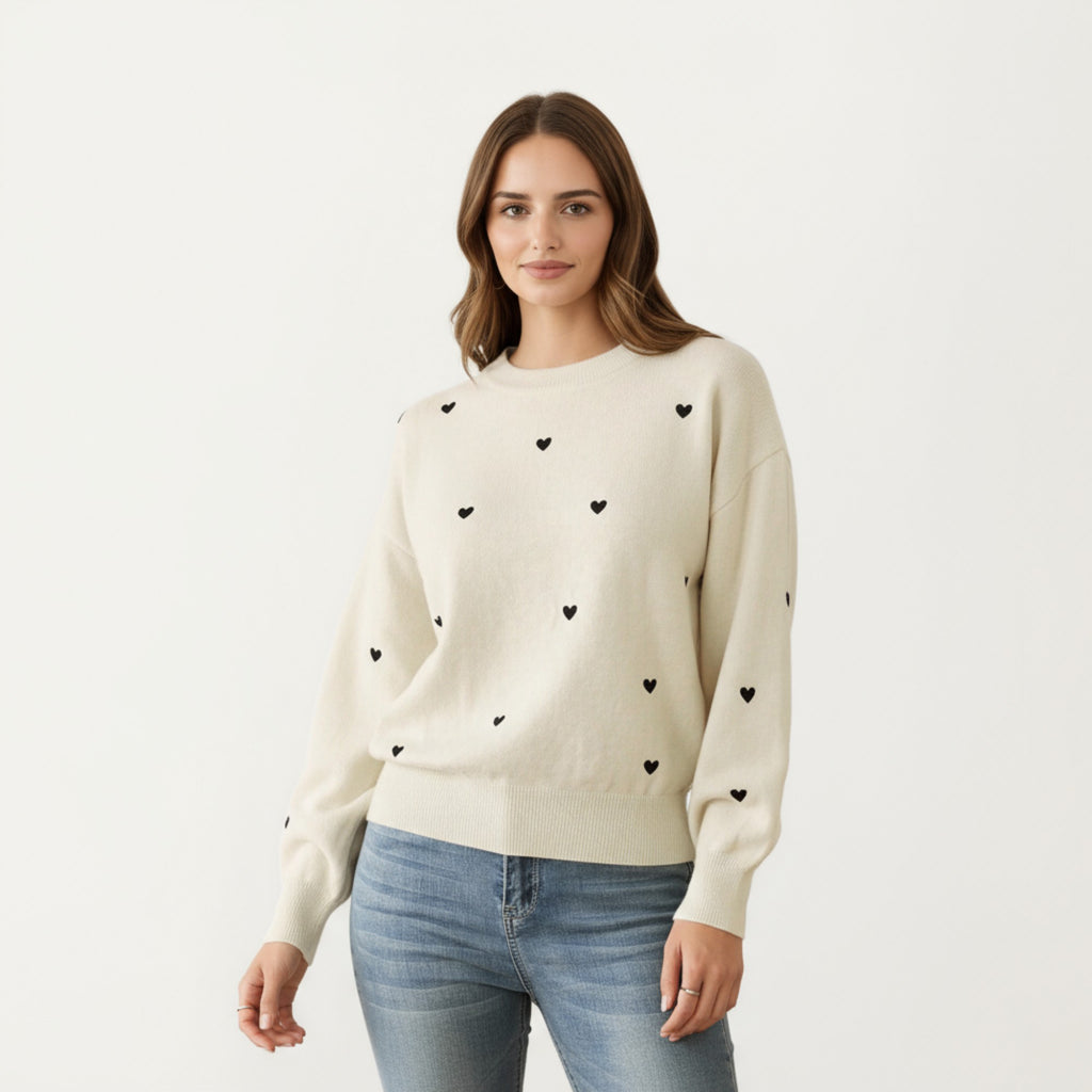 Anna-Kaci Women's Long Sleeve Heart Pattern Knit Sweater with Ribbed Trim