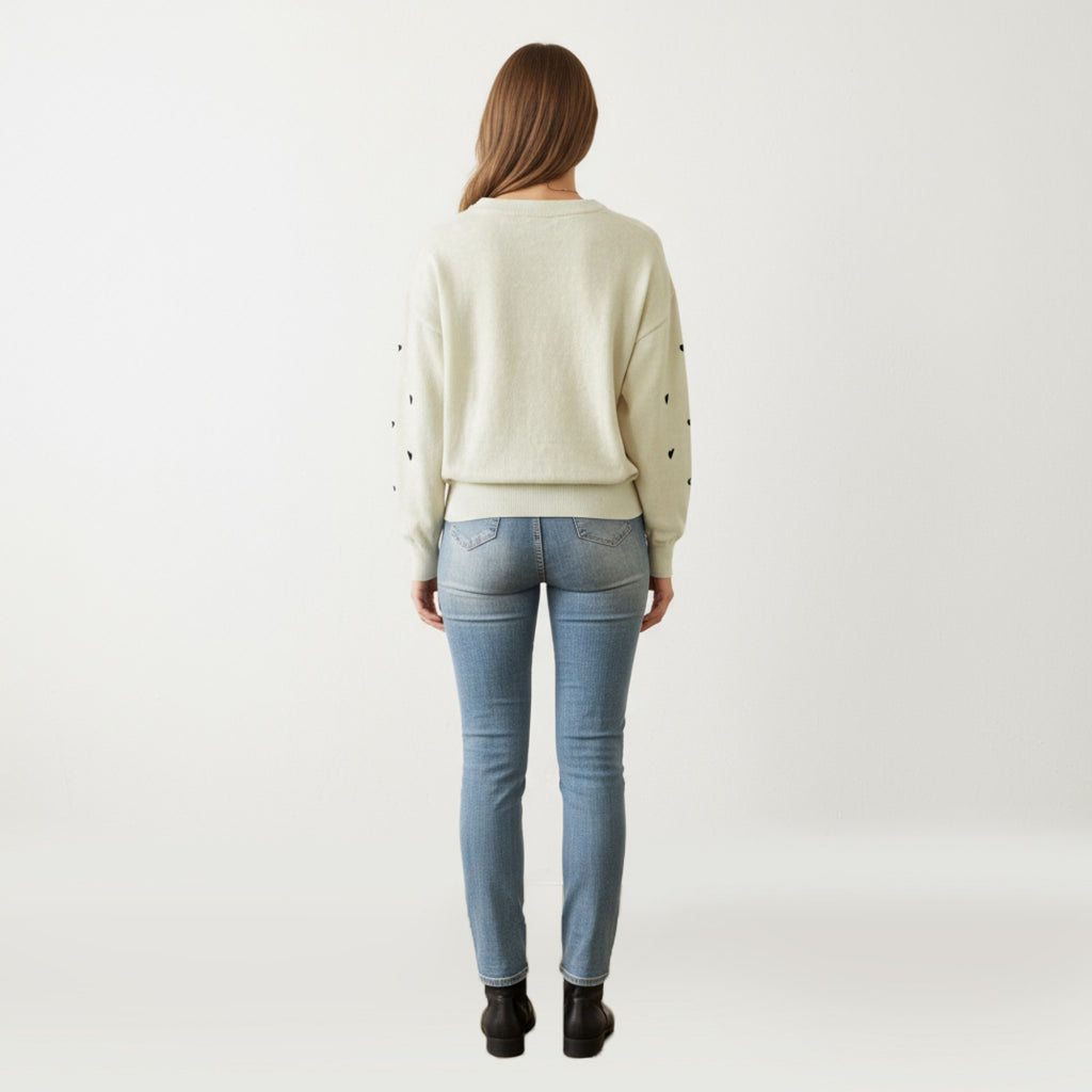 Anna-Kaci Women's Long Sleeve Heart Pattern Knit Sweater with Ribbed Trim