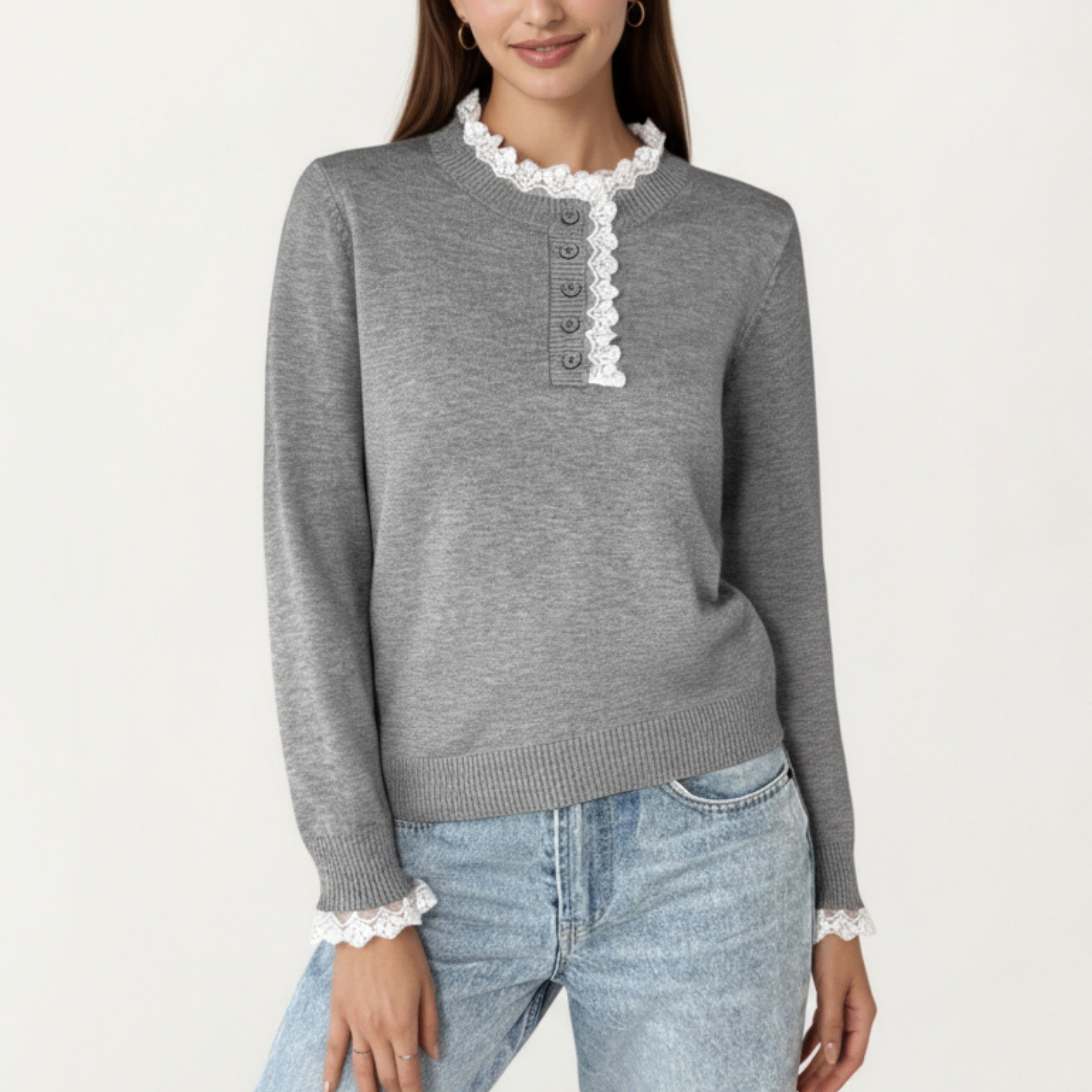 Anna-Kaci Women's Long Sleeve Knit Top with Lace Trim Collar and Button Front Detail
