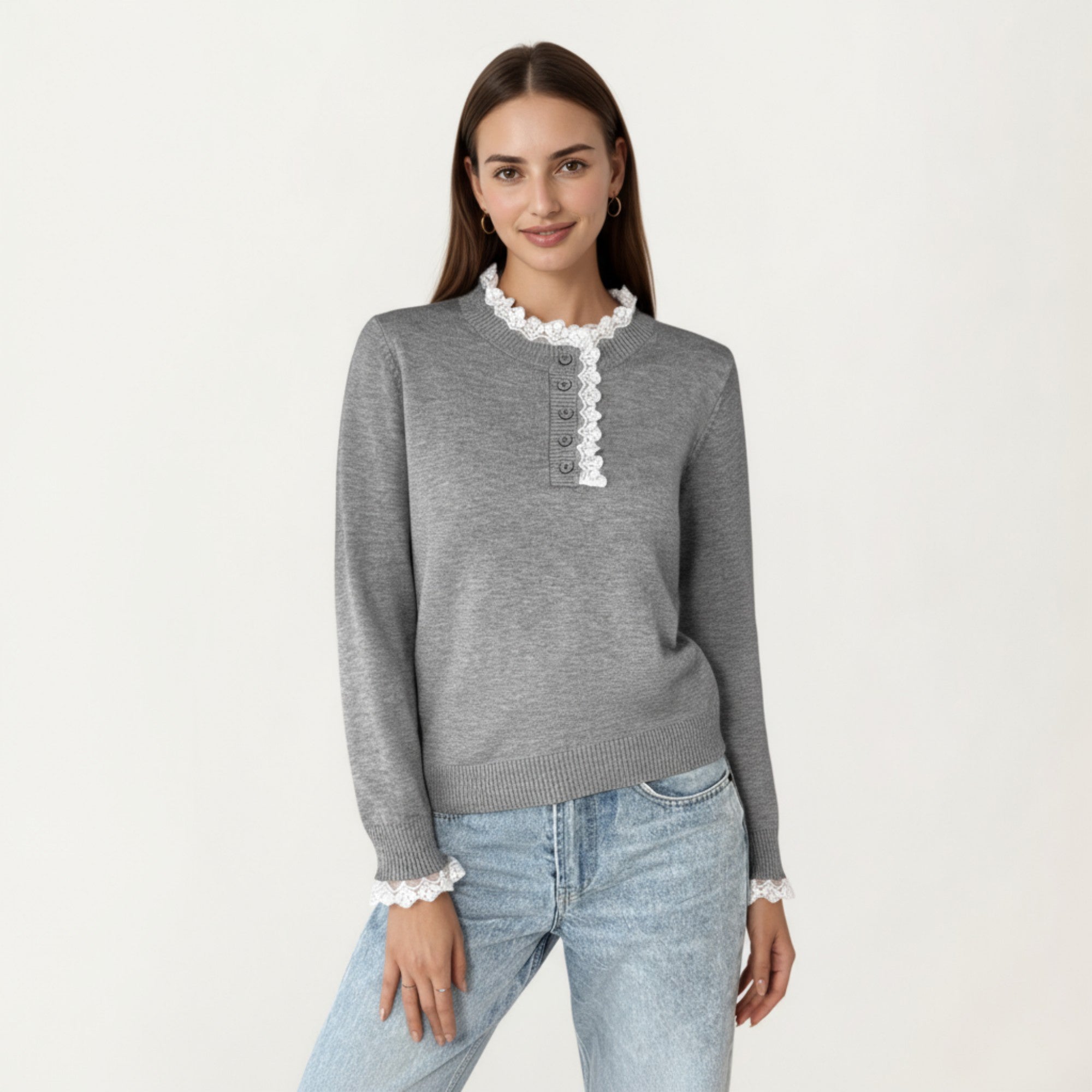 Anna-Kaci Women's Long Sleeve Knit Top with Lace Trim Collar and Button Front Detail