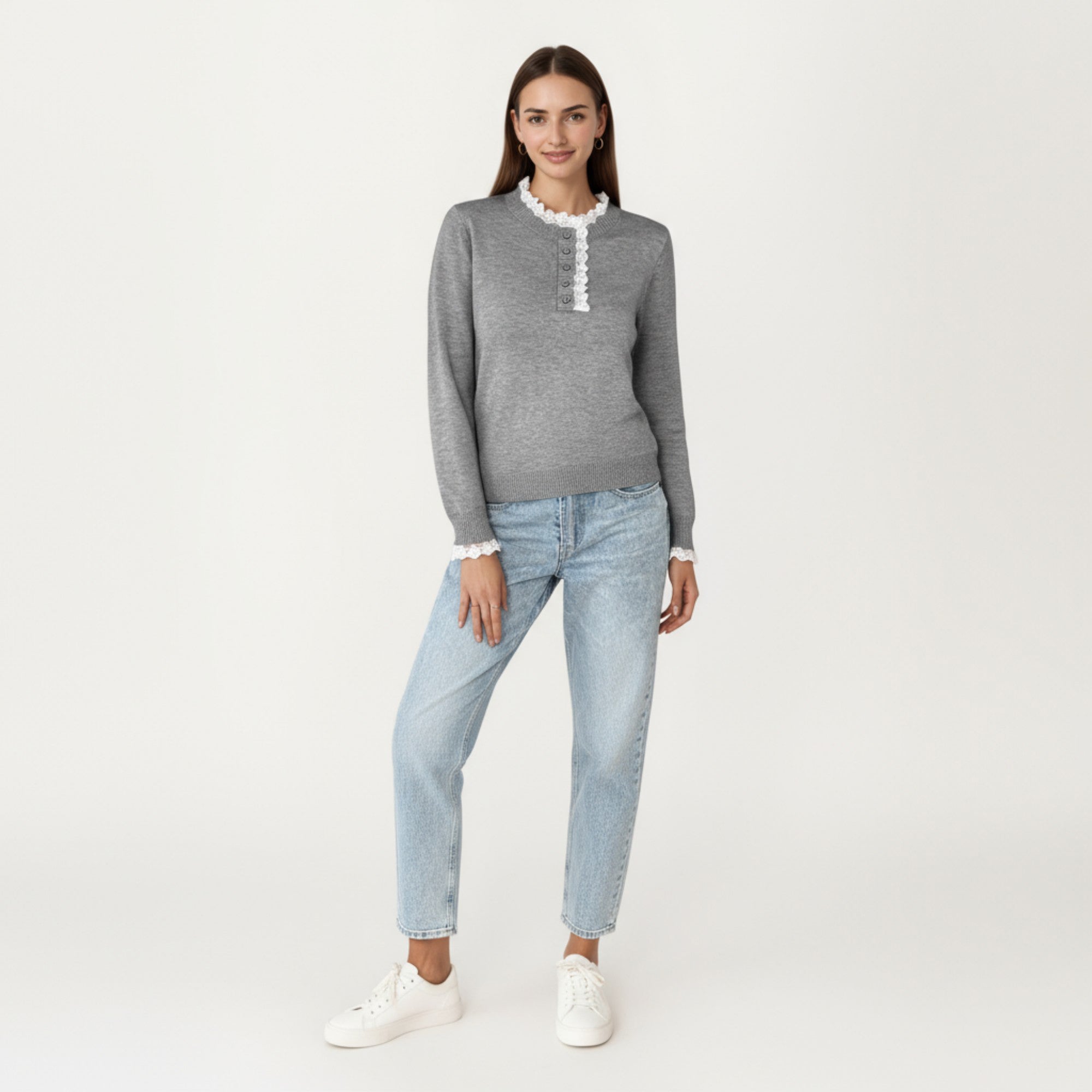 Anna-Kaci Women's Long Sleeve Knit Top with Lace Trim Collar and Button Front Detail