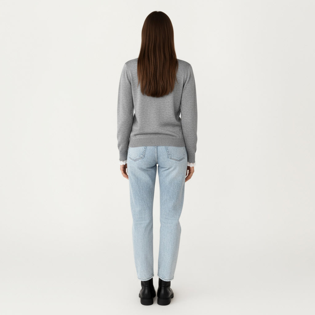 Anna-Kaci Women's Long Sleeve Knit Top with Lace Trim Collar and Button Front Detail