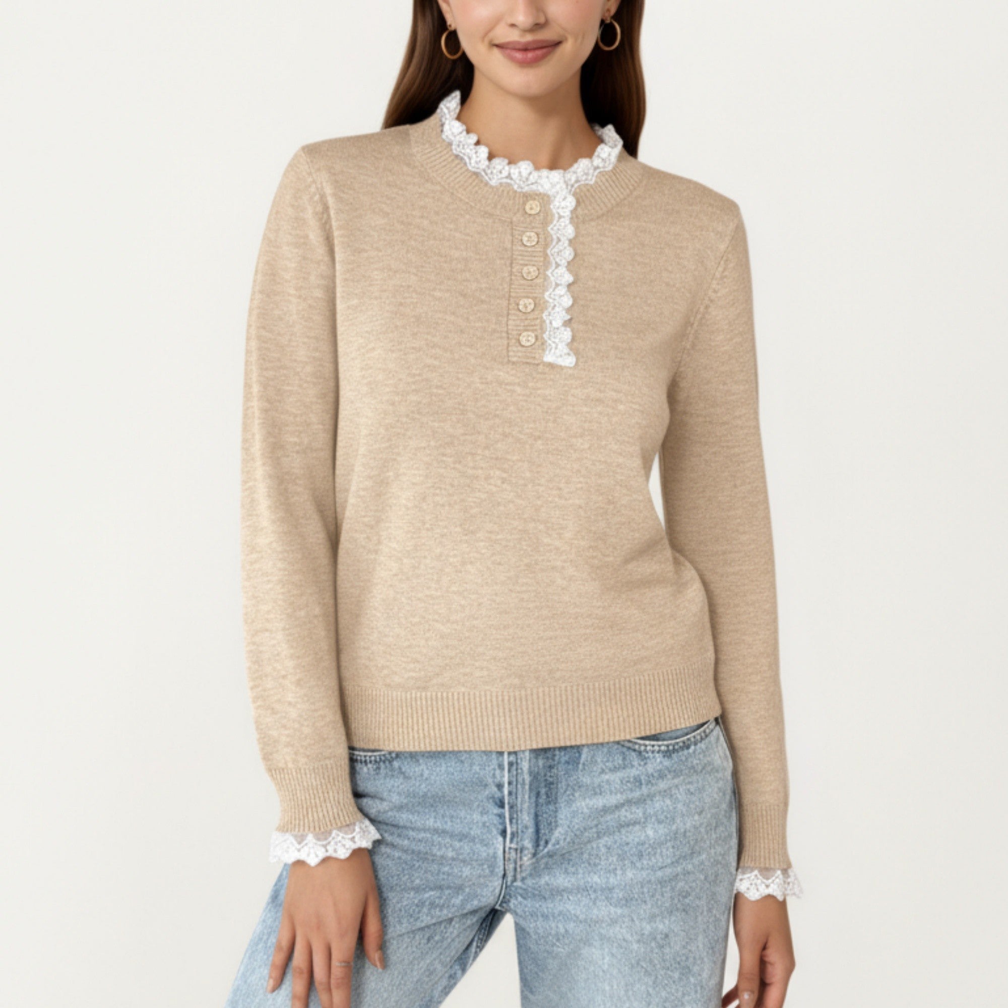 Anna-Kaci Women's Long Sleeve Knit Top with Lace Trim Collar and Button Front Detail