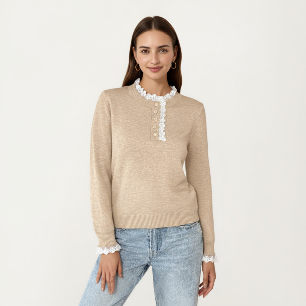 Anna-Kaci Women's Long Sleeve Knit Top with Lace Trim Collar and Button Front Detail