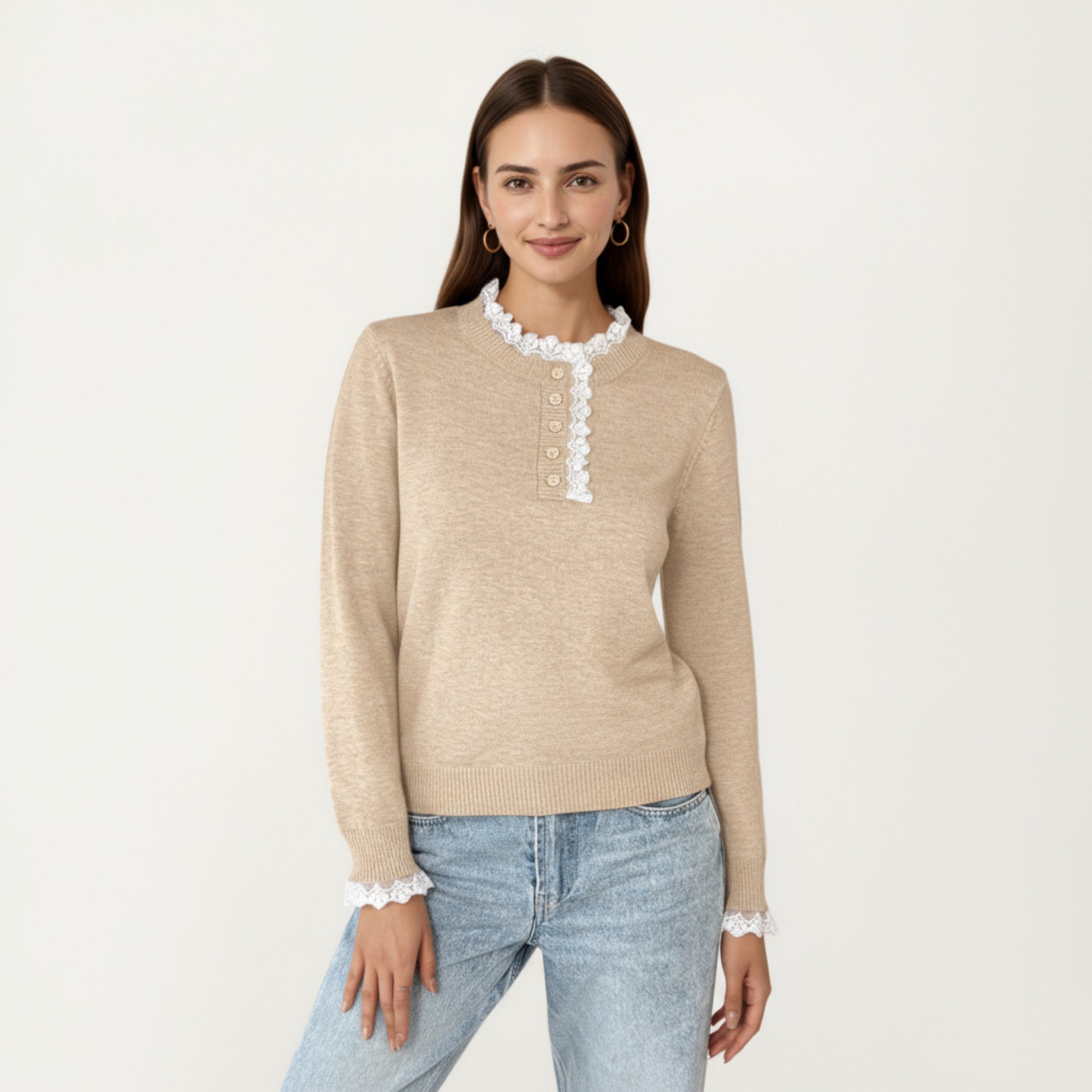 Anna-Kaci Women's Long Sleeve Knit Top with Lace Trim Collar and Button Front Detail