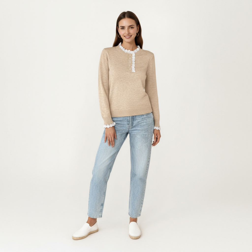 Anna-Kaci Women's Long Sleeve Knit Top with Lace Trim Collar and Button Front Detail