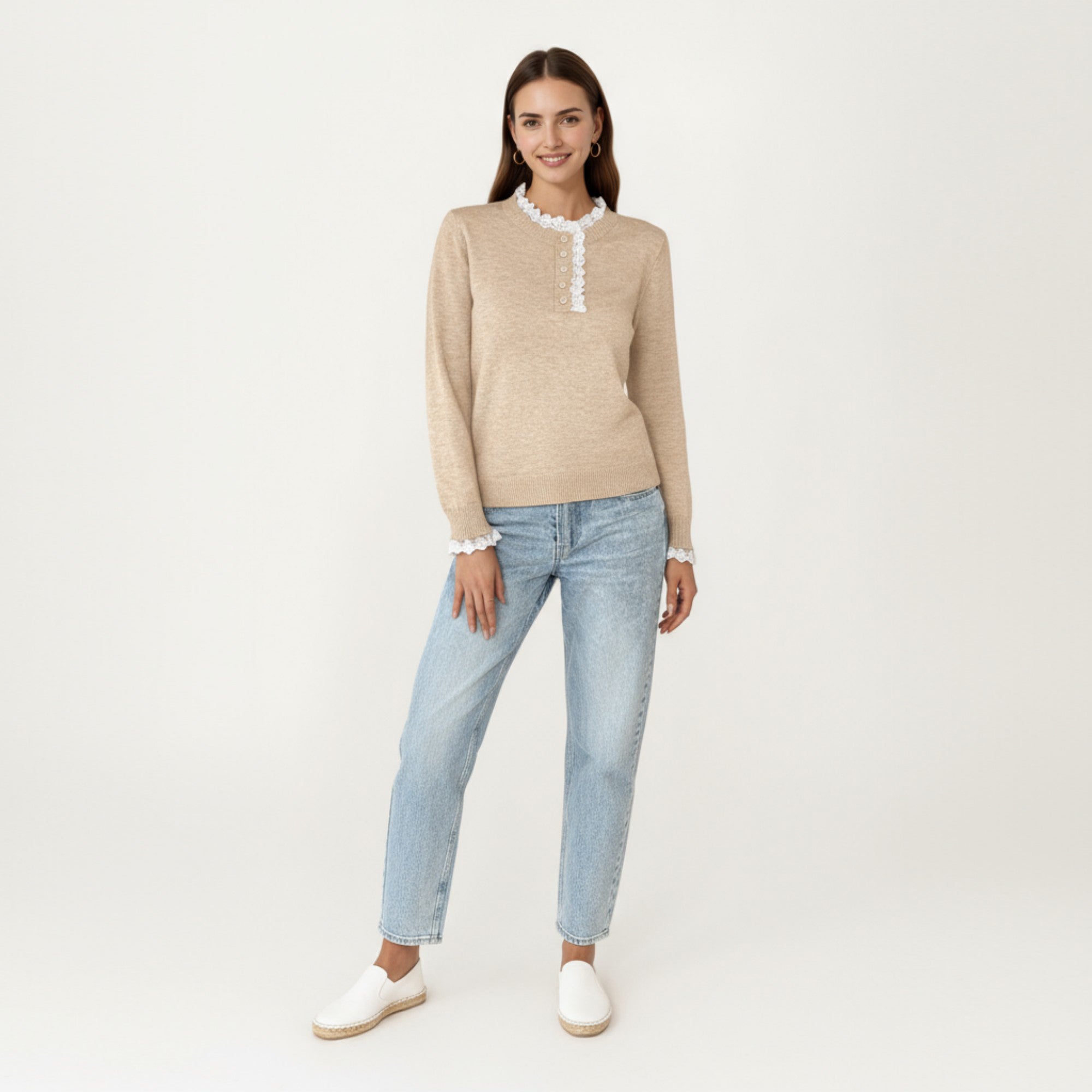 Anna-Kaci Women's Long Sleeve Knit Top with Lace Trim Collar and Button Front Detail