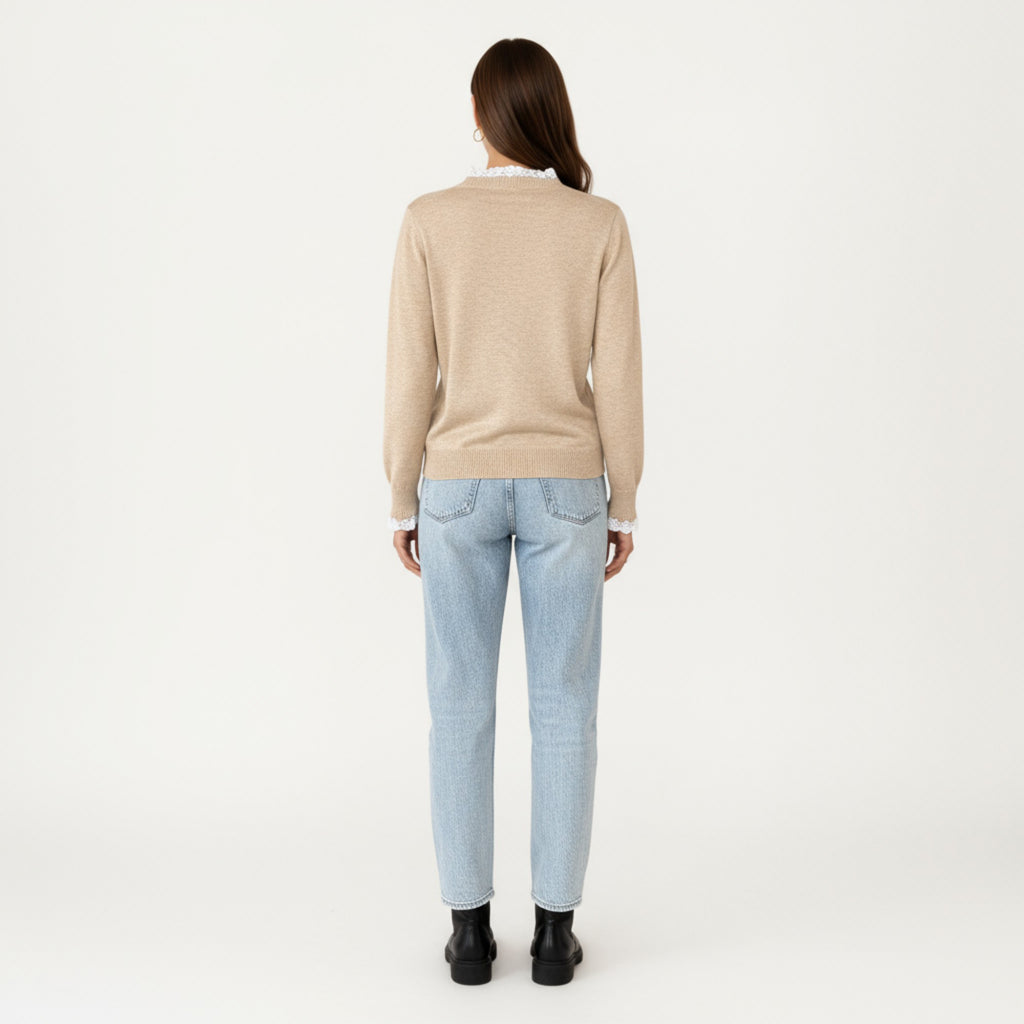 Anna-Kaci Women's Long Sleeve Knit Top with Lace Trim Collar and Button Front Detail