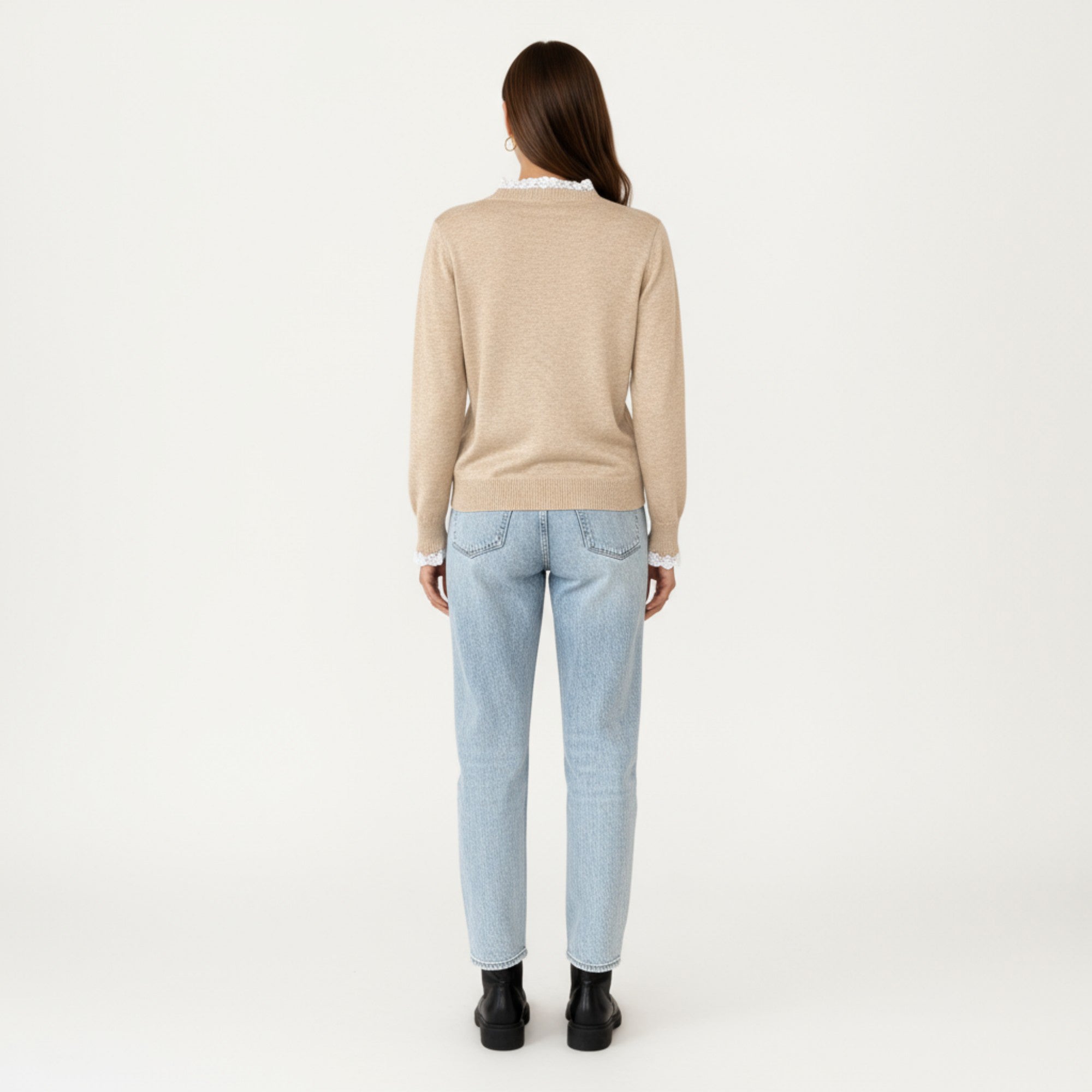 Anna-Kaci Women's Long Sleeve Knit Top with Lace Trim Collar and Button Front Detail