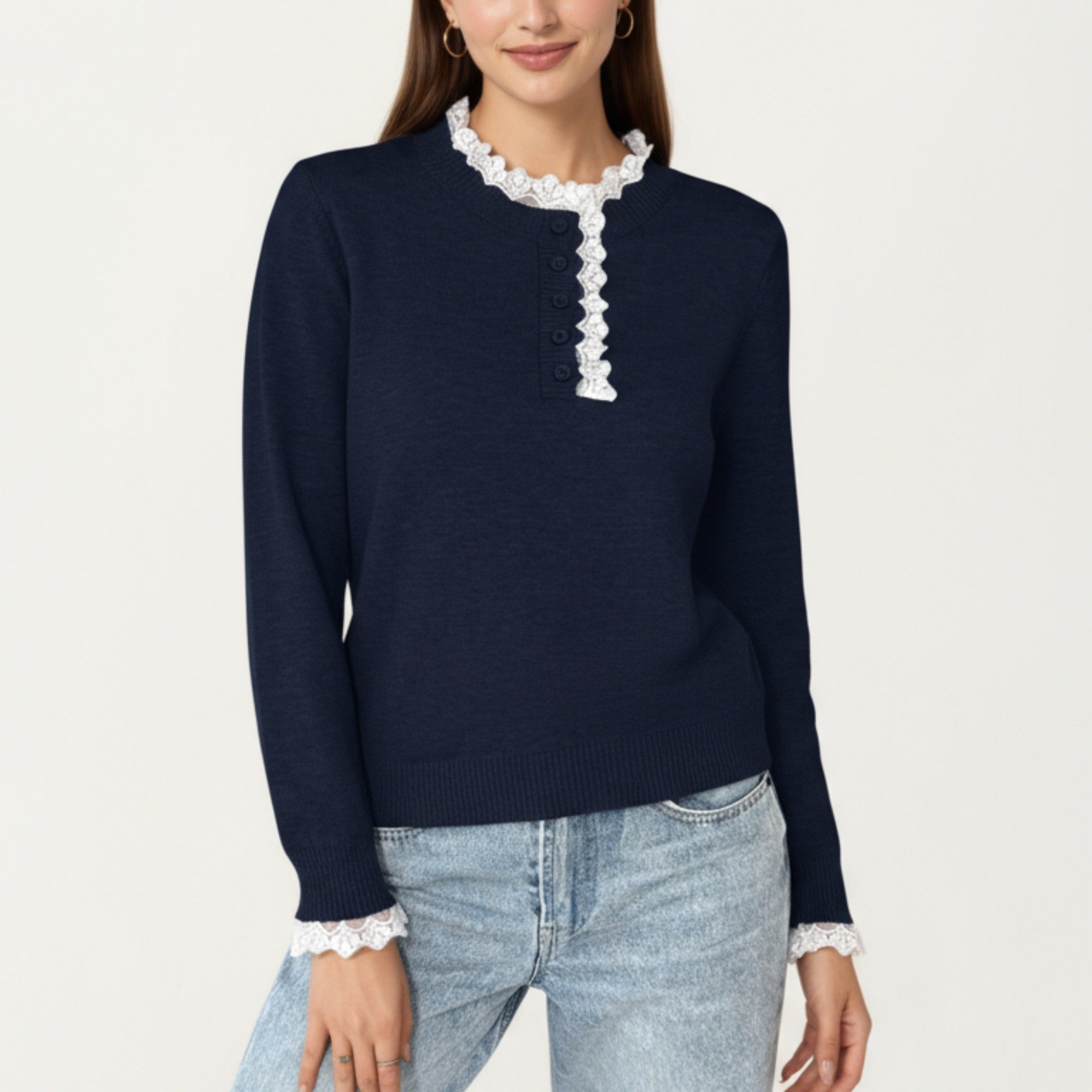 Anna-Kaci Women's Long Sleeve Knit Top with Lace Trim Collar and Button Front Detail