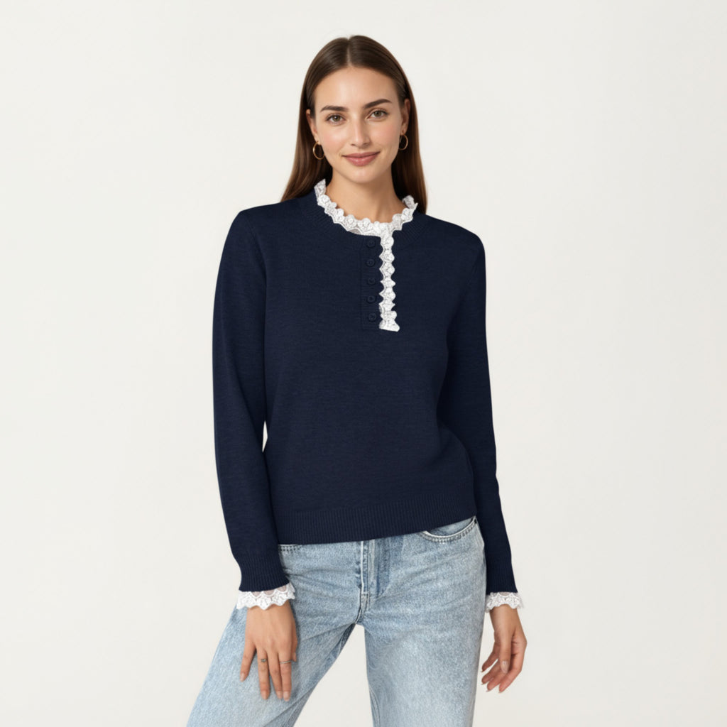 Anna-Kaci Women's Long Sleeve Knit Top with Lace Trim Collar and Button Front Detail