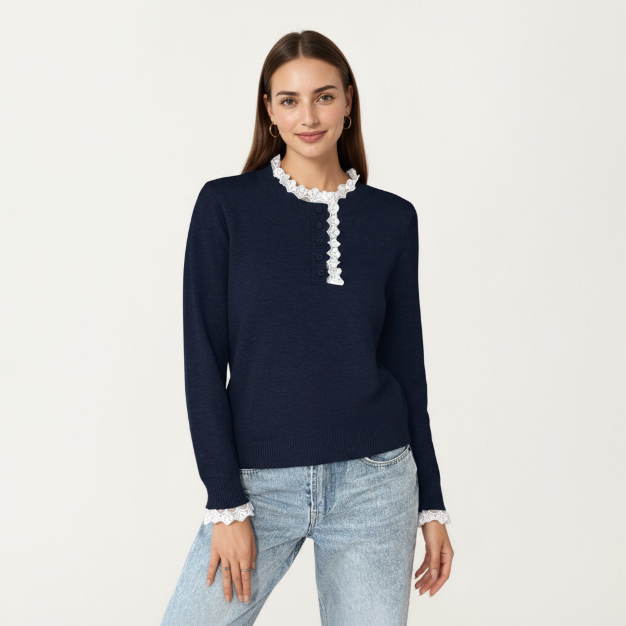 Anna-Kaci Women's Long Sleeve Knit Top with Lace Trim Collar and Button Front Detail