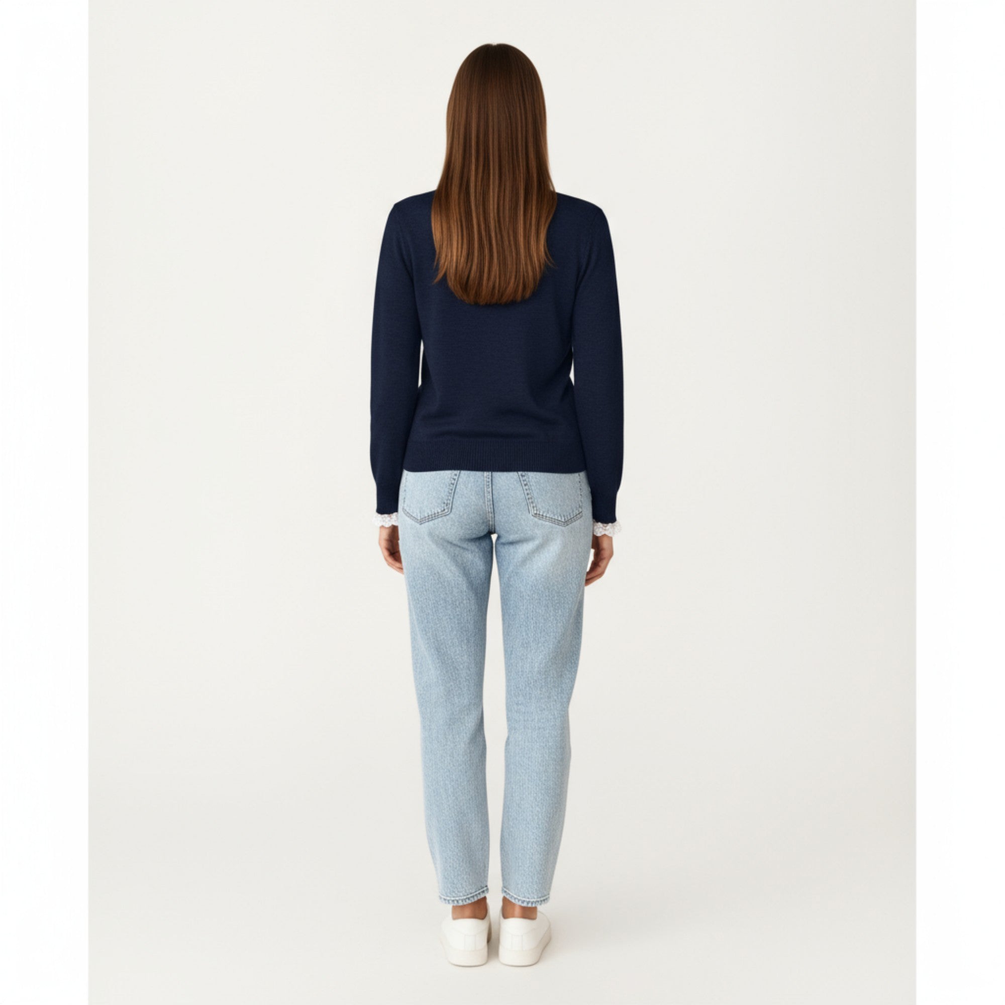 Anna-Kaci Women's Long Sleeve Knit Top with Lace Trim Collar and Button Front Detail