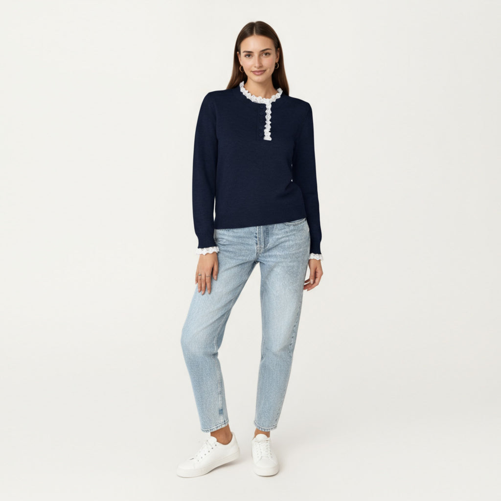 Anna-Kaci Women's Long Sleeve Knit Top with Lace Trim Collar and Button Front Detail