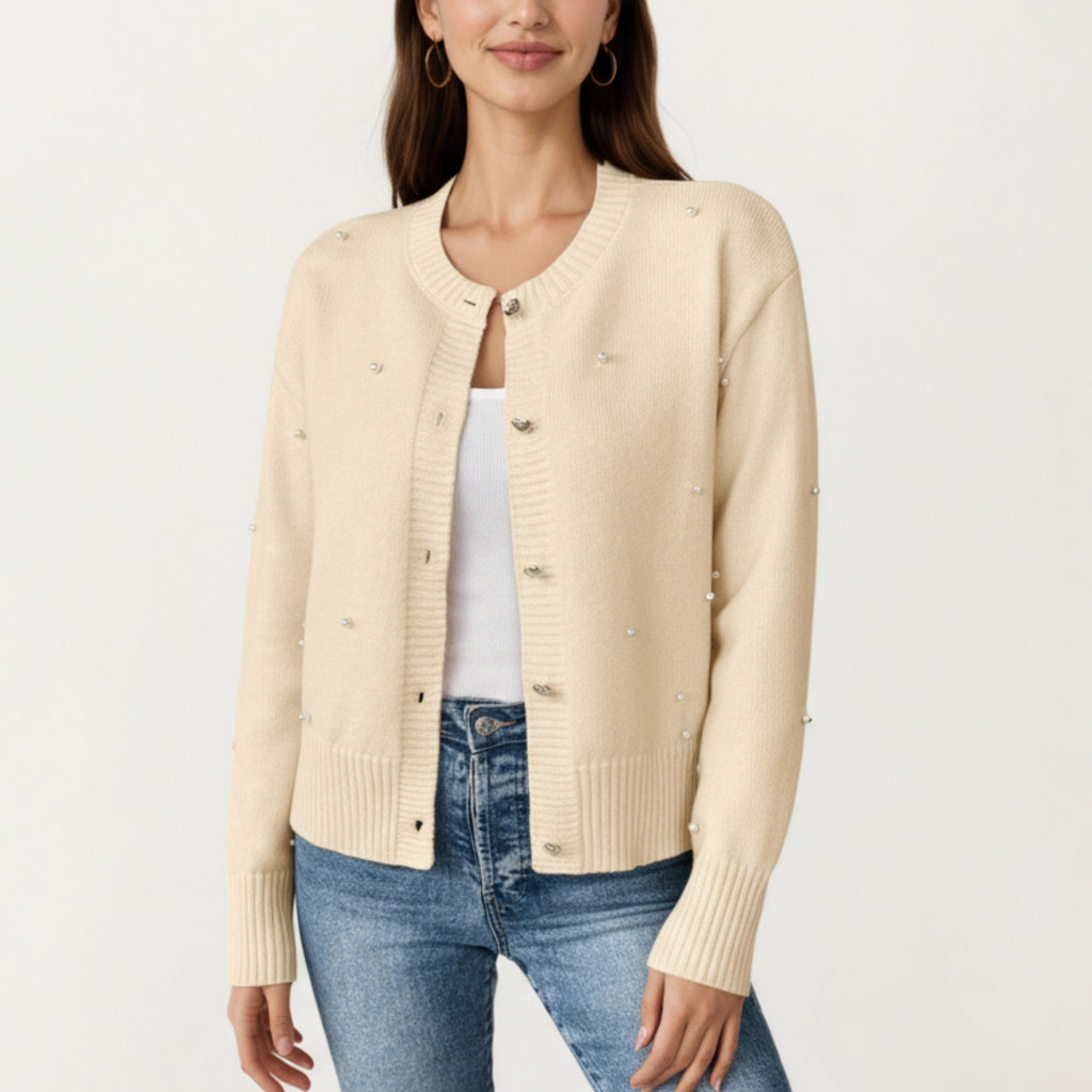 Anna-Kaci Women's Long Sleeve Faux Pearl Embellished Knit Cardigan with Button Front Closure