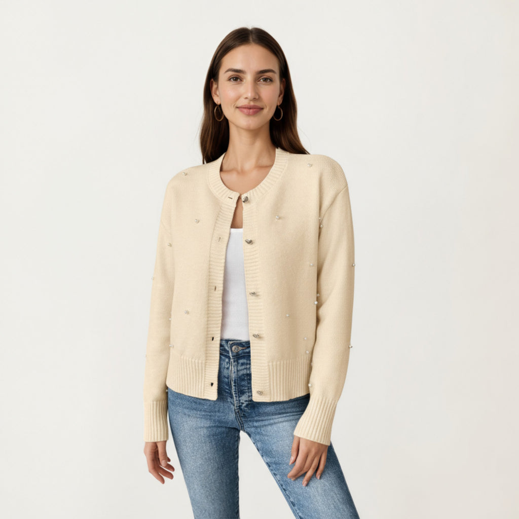 Anna-Kaci Women's Long Sleeve Faux Pearl Embellished Knit Cardigan with Button Front Closure