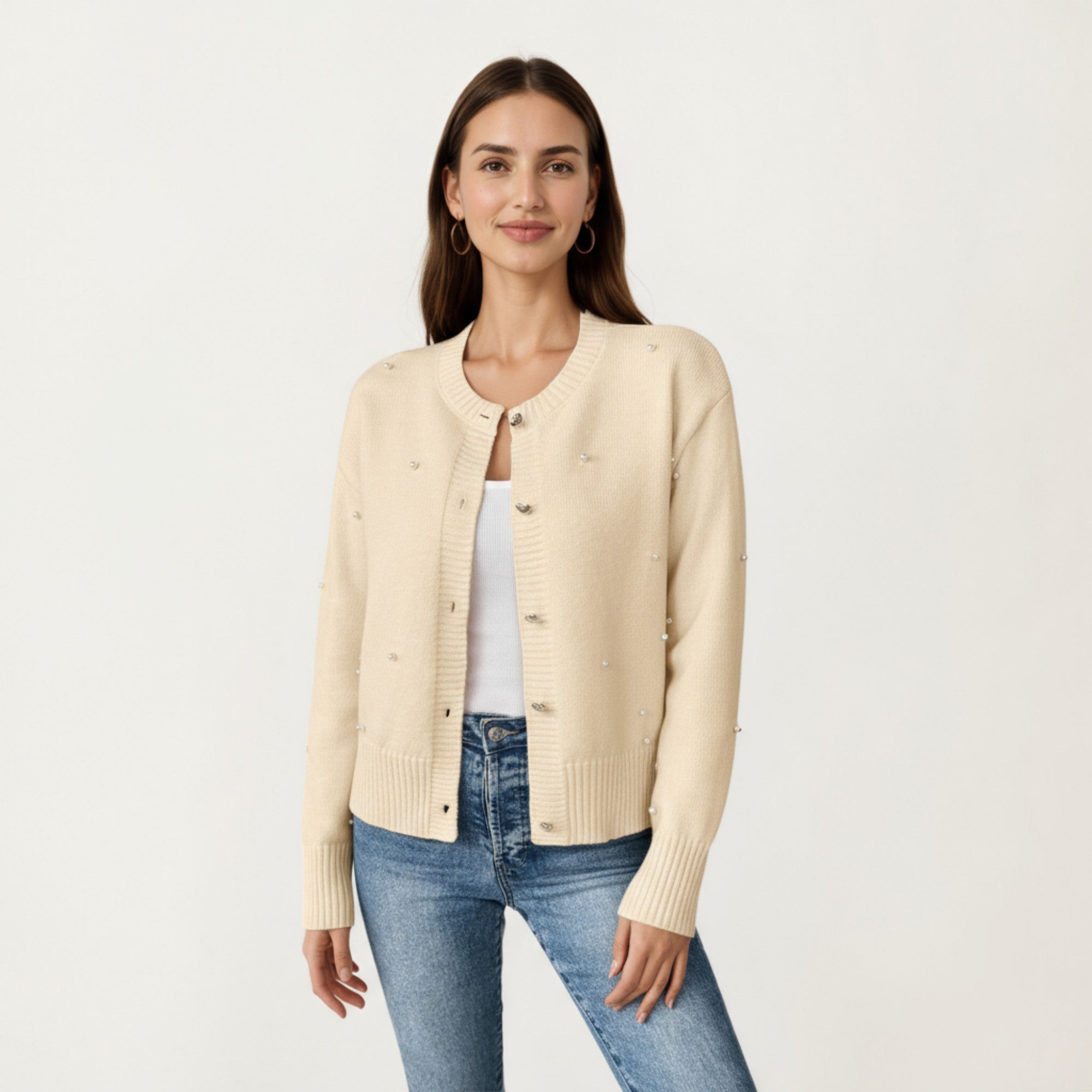 Anna-Kaci Women's Long Sleeve Faux Pearl Embellished Knit Cardigan with Button Front Closure