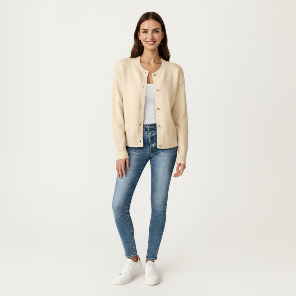 Anna-Kaci Women's Long Sleeve Faux Pearl Embellished Knit Cardigan with Button Front Closure