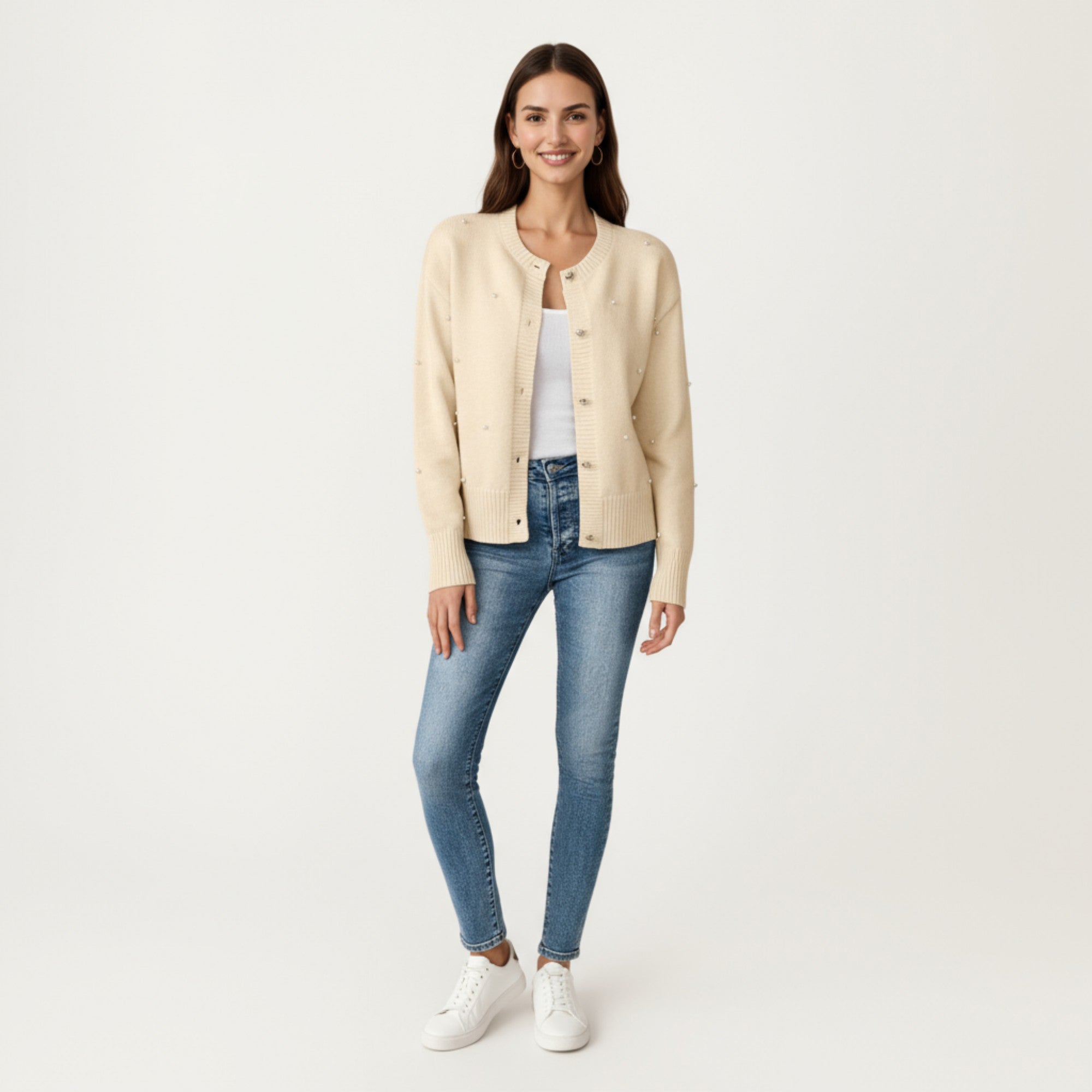 Anna-Kaci Women's Long Sleeve Faux Pearl Embellished Knit Cardigan with Button Front Closure