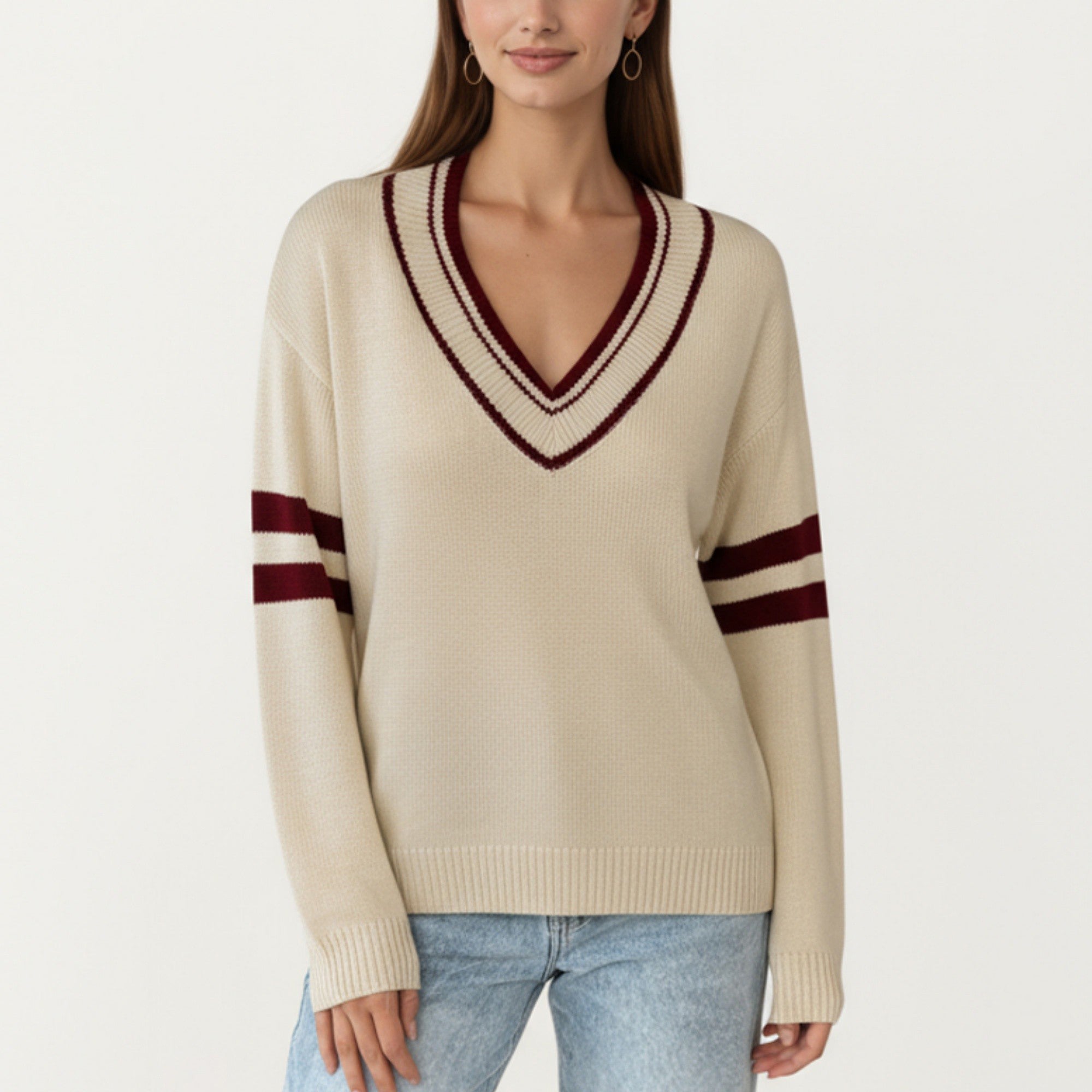 Anna-Kaci Women's Long Sleeve V-Neck Knit Sweater with Contrast Stripe Trim and Ribbed Hem