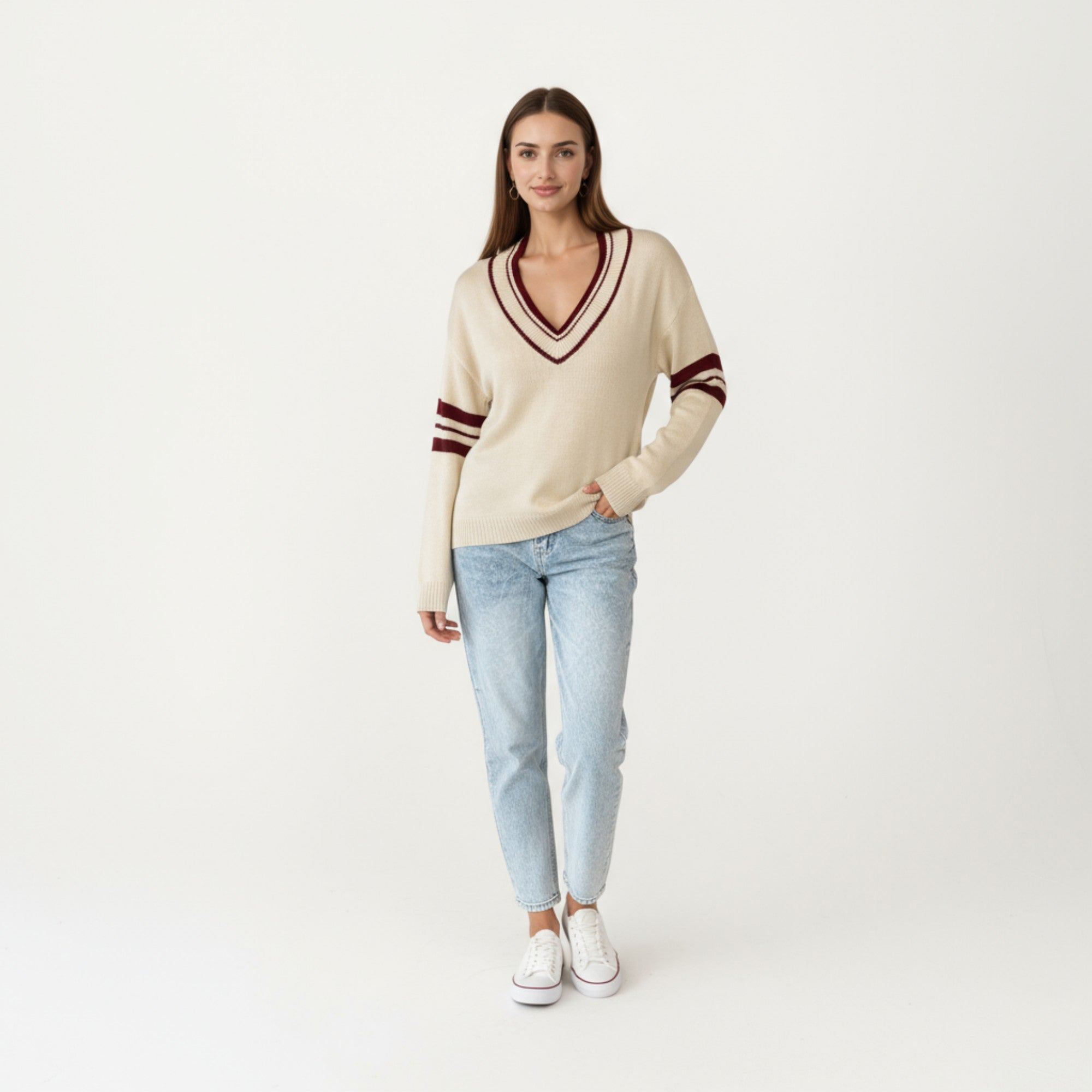 Anna-Kaci Women's Long Sleeve V-Neck Knit Sweater with Contrast Stripe Trim and Ribbed Hem