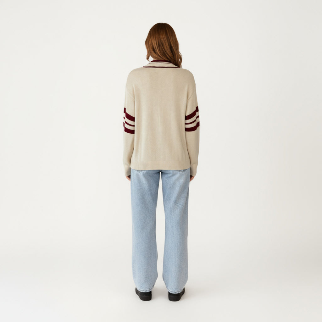 Anna-Kaci Women's Long Sleeve V-Neck Knit Sweater with Contrast Stripe Trim and Ribbed Hem