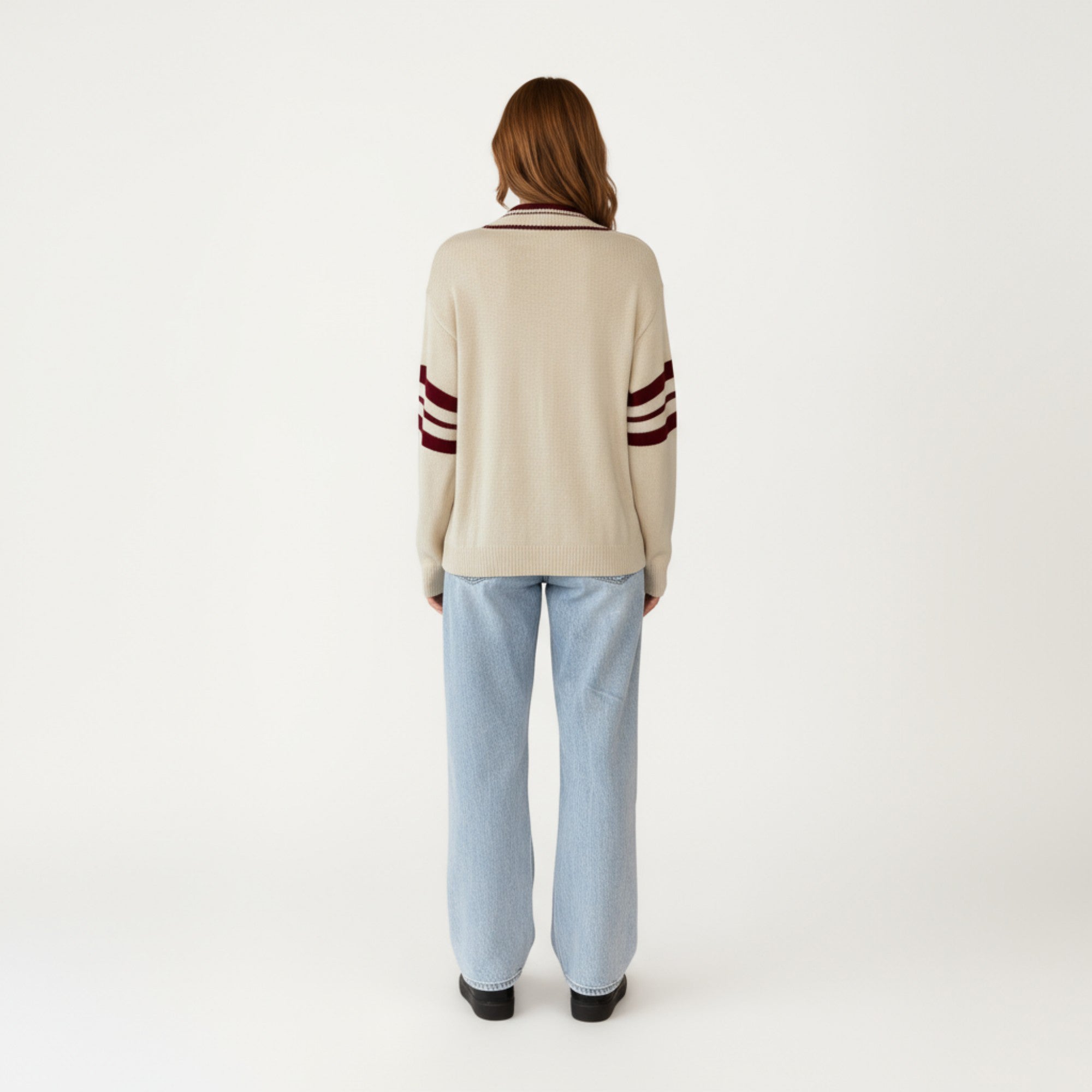 Anna-Kaci Women's Long Sleeve V-Neck Knit Sweater with Contrast Stripe Trim and Ribbed Hem