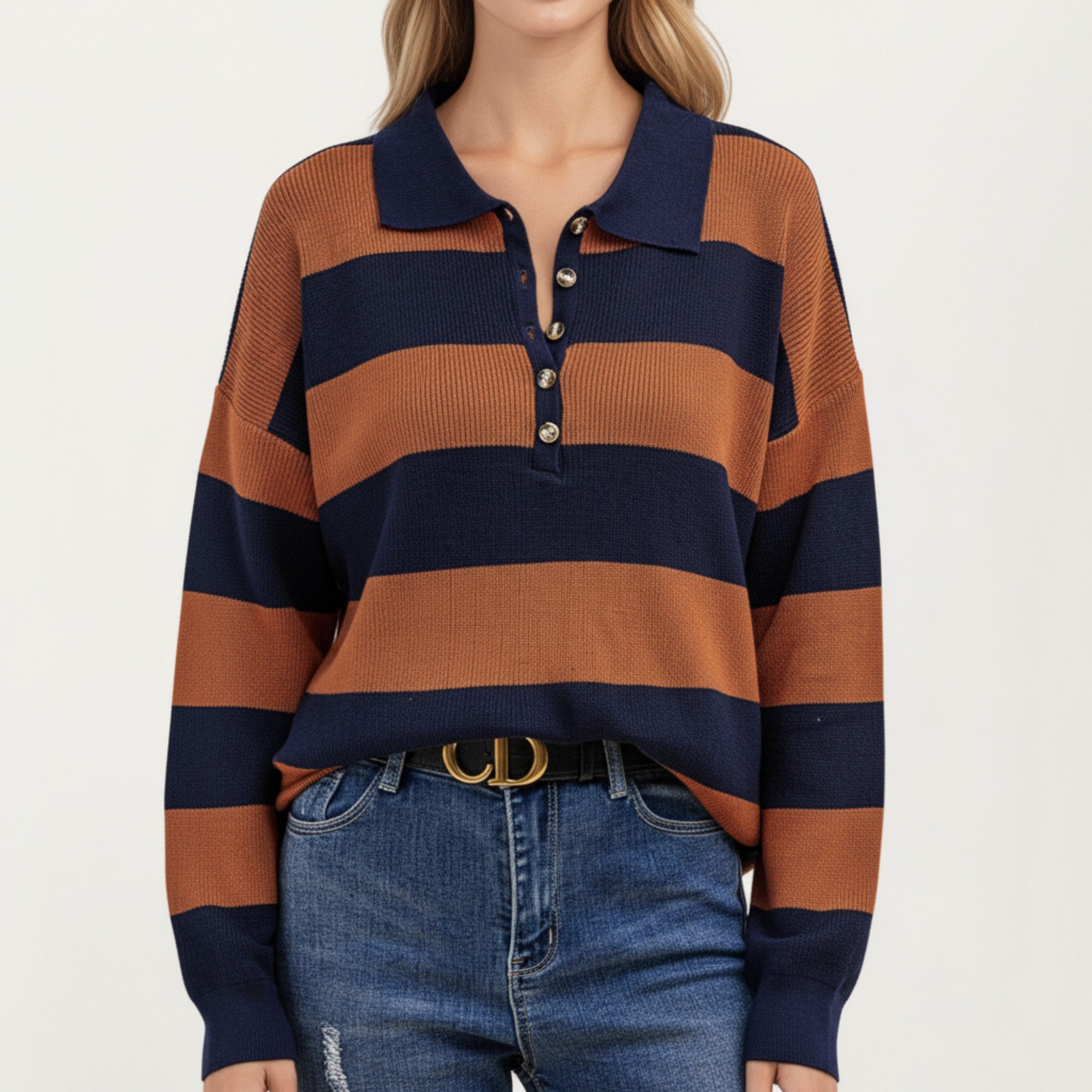 Anna-Kaci Women's Long Sleeve Striped Knit Polo Top with Button Placket and Ribbed Cuffs