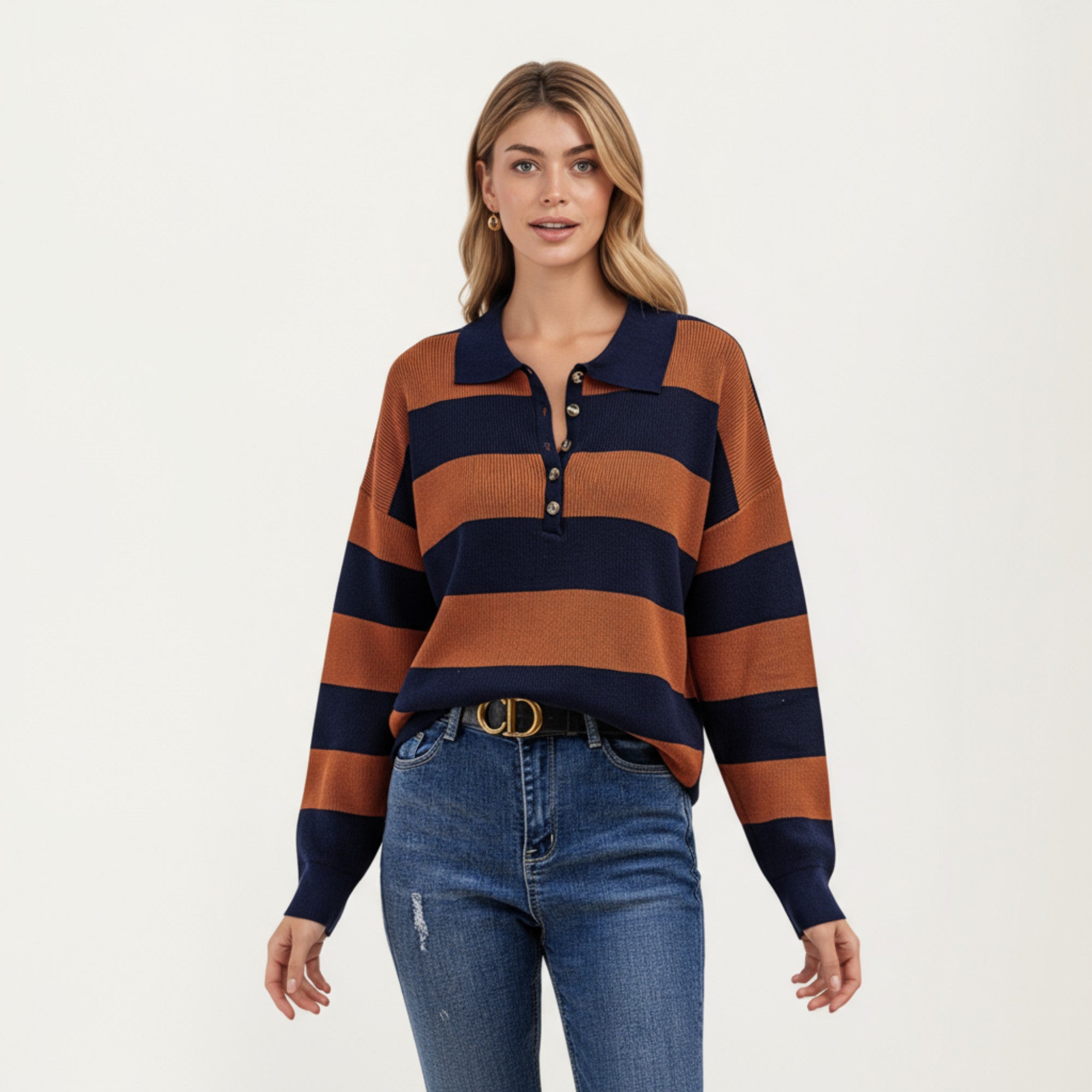 Anna-Kaci Women's Long Sleeve Striped Knit Polo Top with Button Placket and Ribbed Cuffs