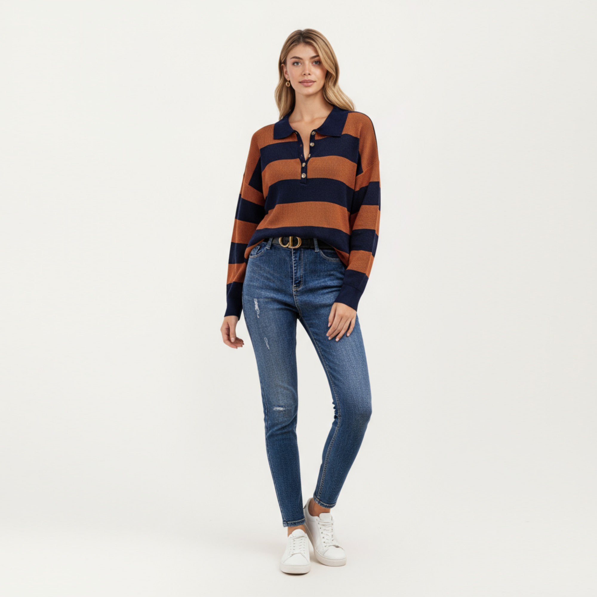 Anna-Kaci Women's Long Sleeve Striped Knit Polo Top with Button Placket and Ribbed Cuffs