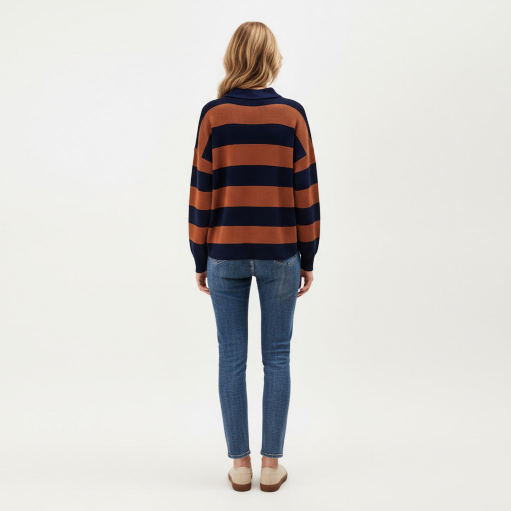 Anna-Kaci Women's Long Sleeve Striped Knit Polo Top with Button Placket and Ribbed Cuffs