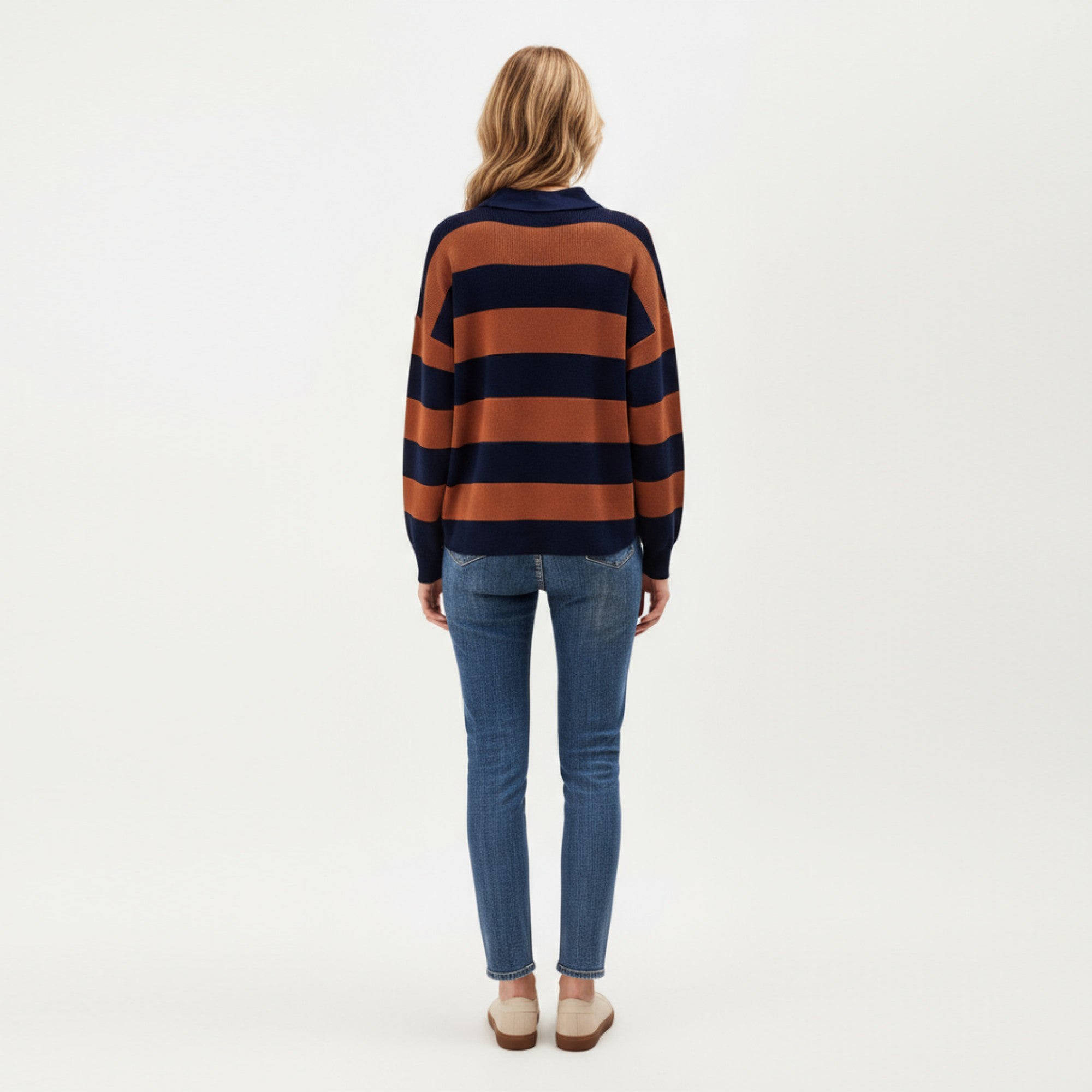 Anna-Kaci Women's Long Sleeve Striped Knit Polo Top with Button Placket and Ribbed Cuffs