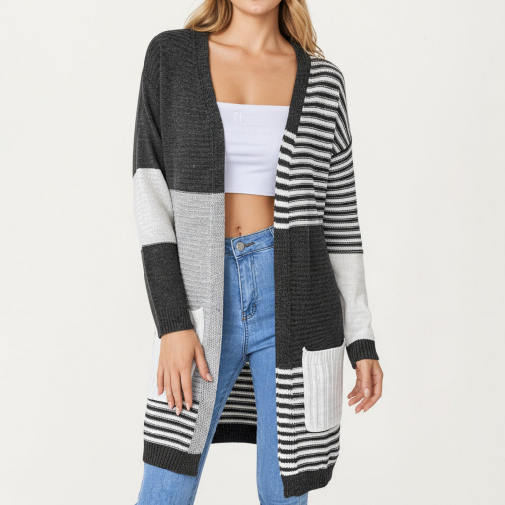 Anna-Kaci Women's Long Sleeve Color Block Striped Knit Cardigan with Front Pockets