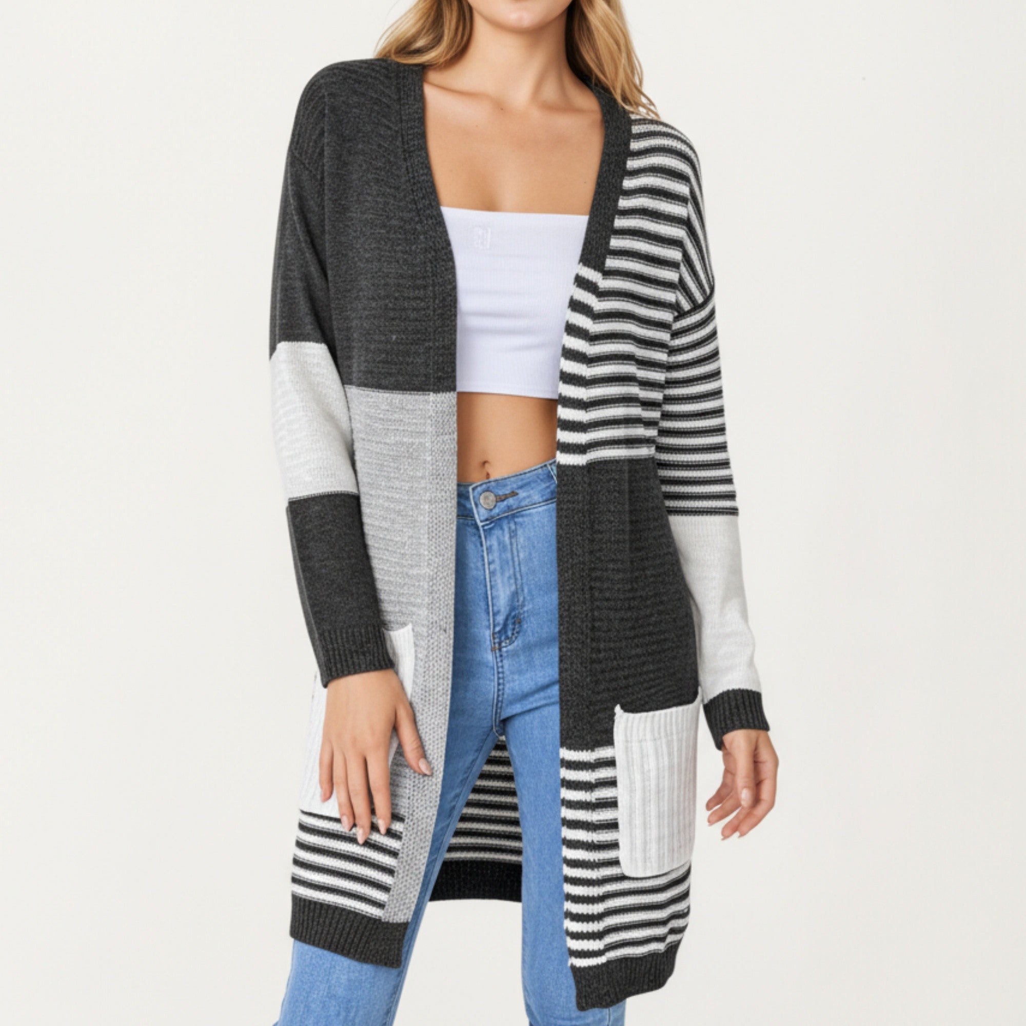 Anna-Kaci Women's Long Sleeve Color Block Striped Knit Cardigan with Front Pockets