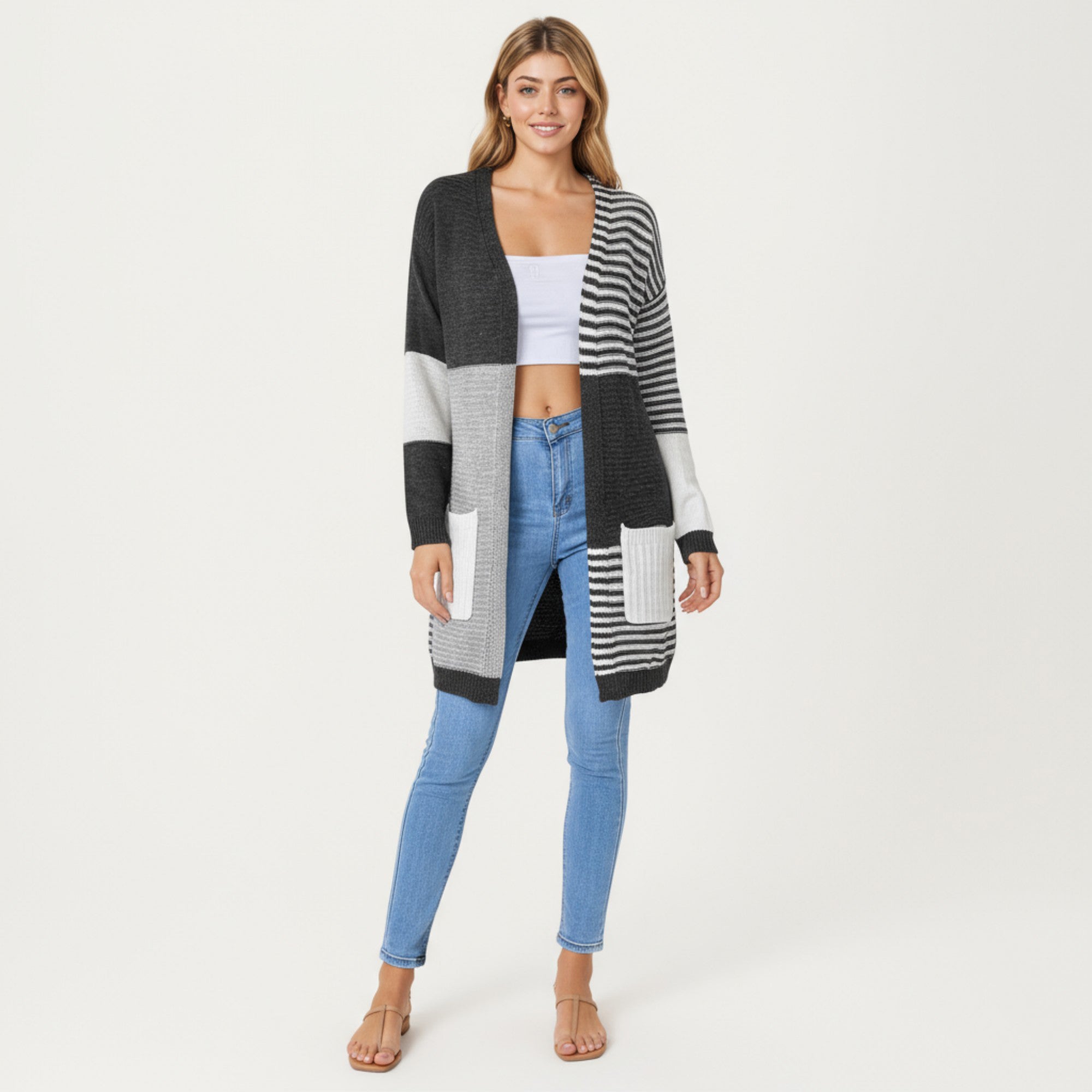 Anna-Kaci Women's Long Sleeve Color Block Striped Knit Cardigan with Front Pockets
