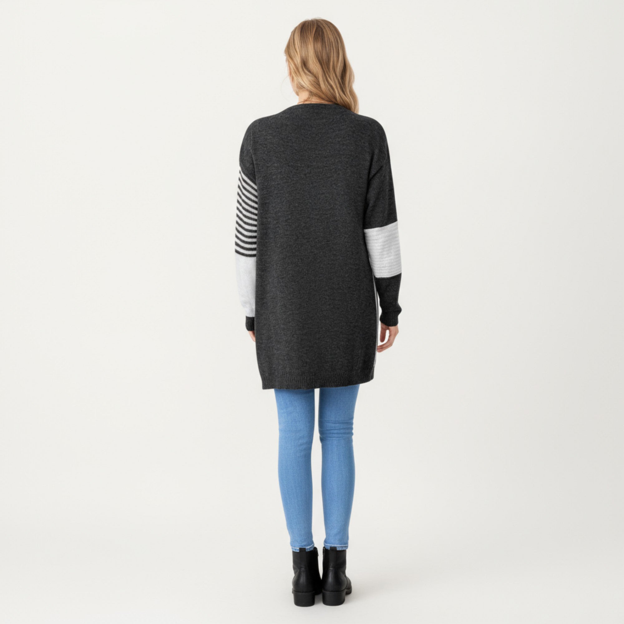 Anna-Kaci Women's Long Sleeve Color Block Striped Knit Cardigan with Front Pockets