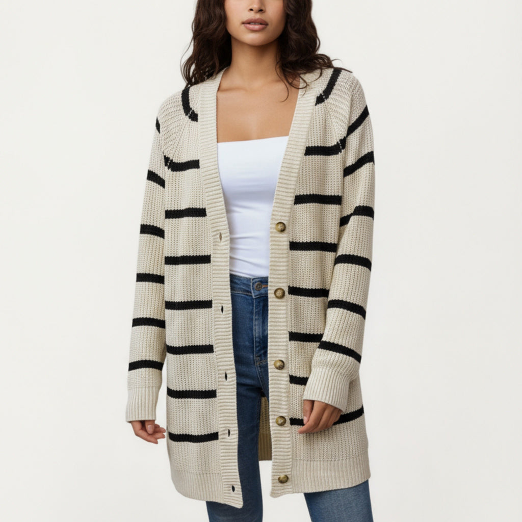 Anna-Kaci Women's Long Sleeve Striped Knit Cardigan with Button Front and Ribbed Trim