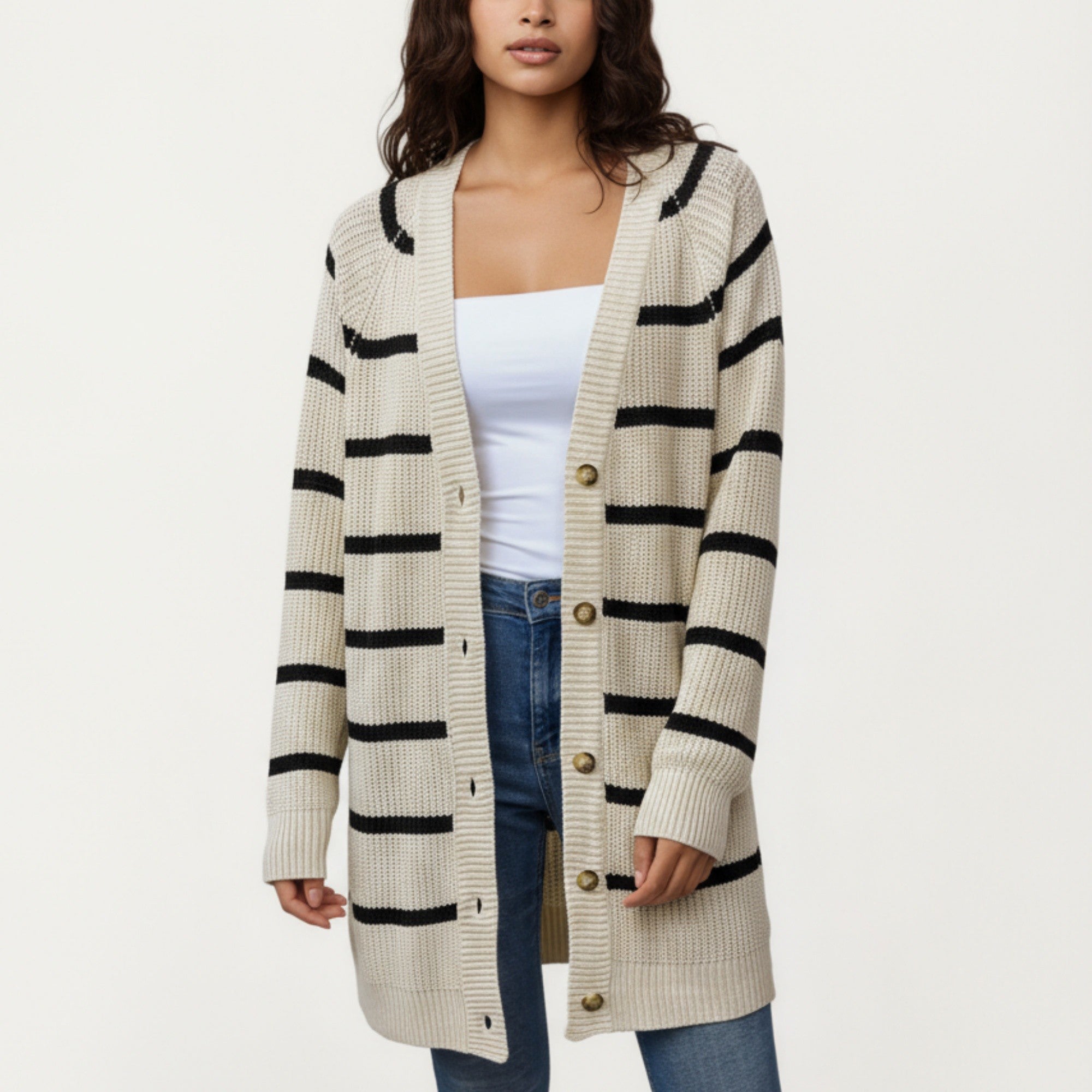 Anna-Kaci Women's Long Sleeve Striped Knit Cardigan with Button Front and Ribbed Trim