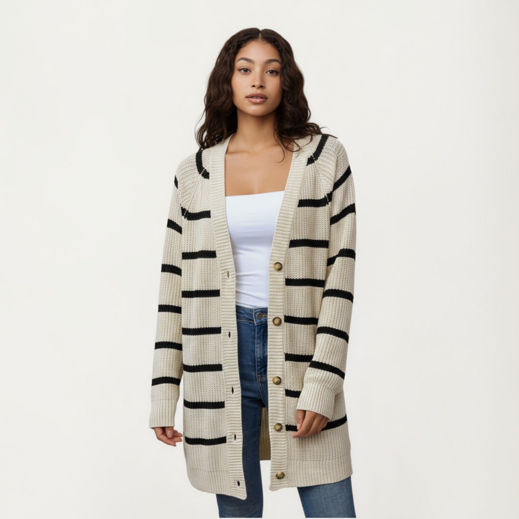 Anna-Kaci Women's Long Sleeve Striped Knit Cardigan with Button Front and Ribbed Trim
