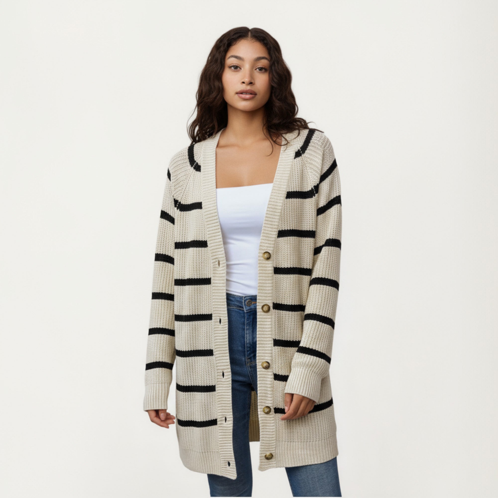 Anna-Kaci Women's Long Sleeve Striped Knit Cardigan with Button Front and Ribbed Trim