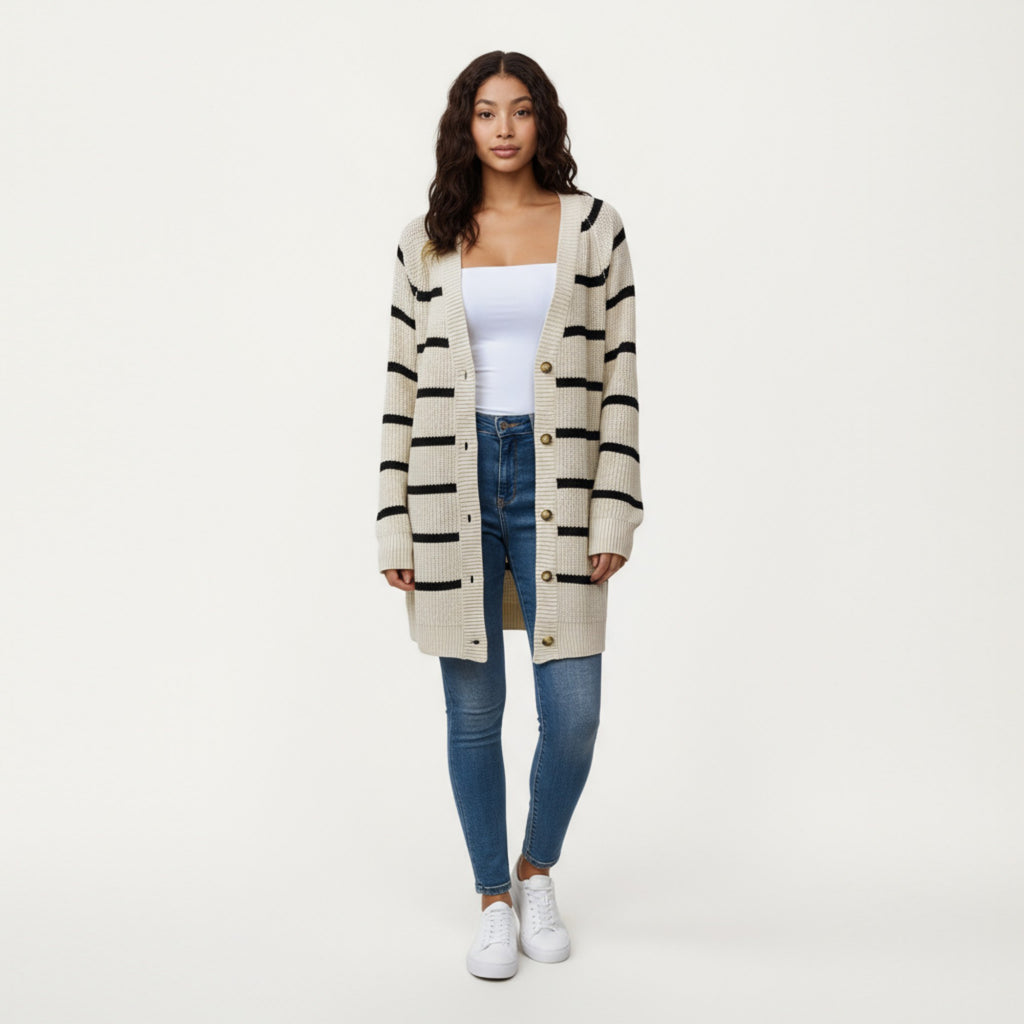 Anna-Kaci Women's Long Sleeve Striped Knit Cardigan with Button Front and Ribbed Trim