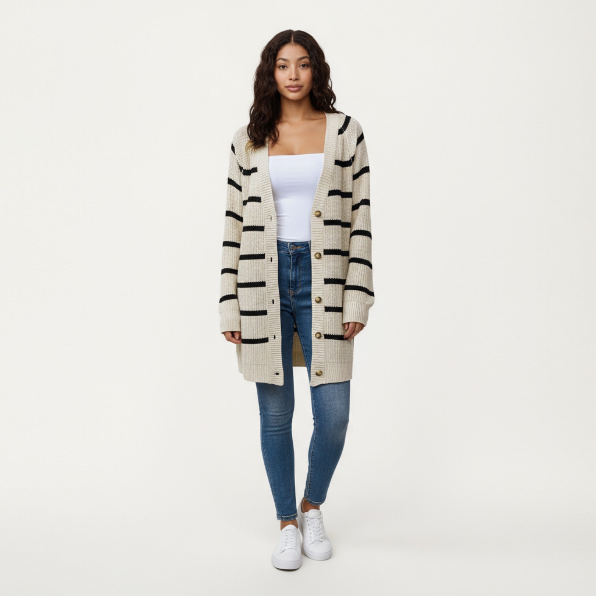 Anna-Kaci Women's Long Sleeve Striped Knit Cardigan with Button Front and Ribbed Trim