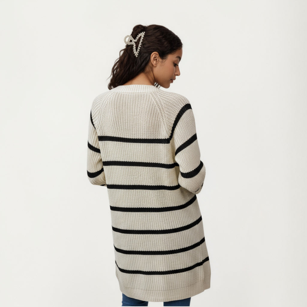 Anna-Kaci Women's Long Sleeve Striped Knit Cardigan with Button Front and Ribbed Trim