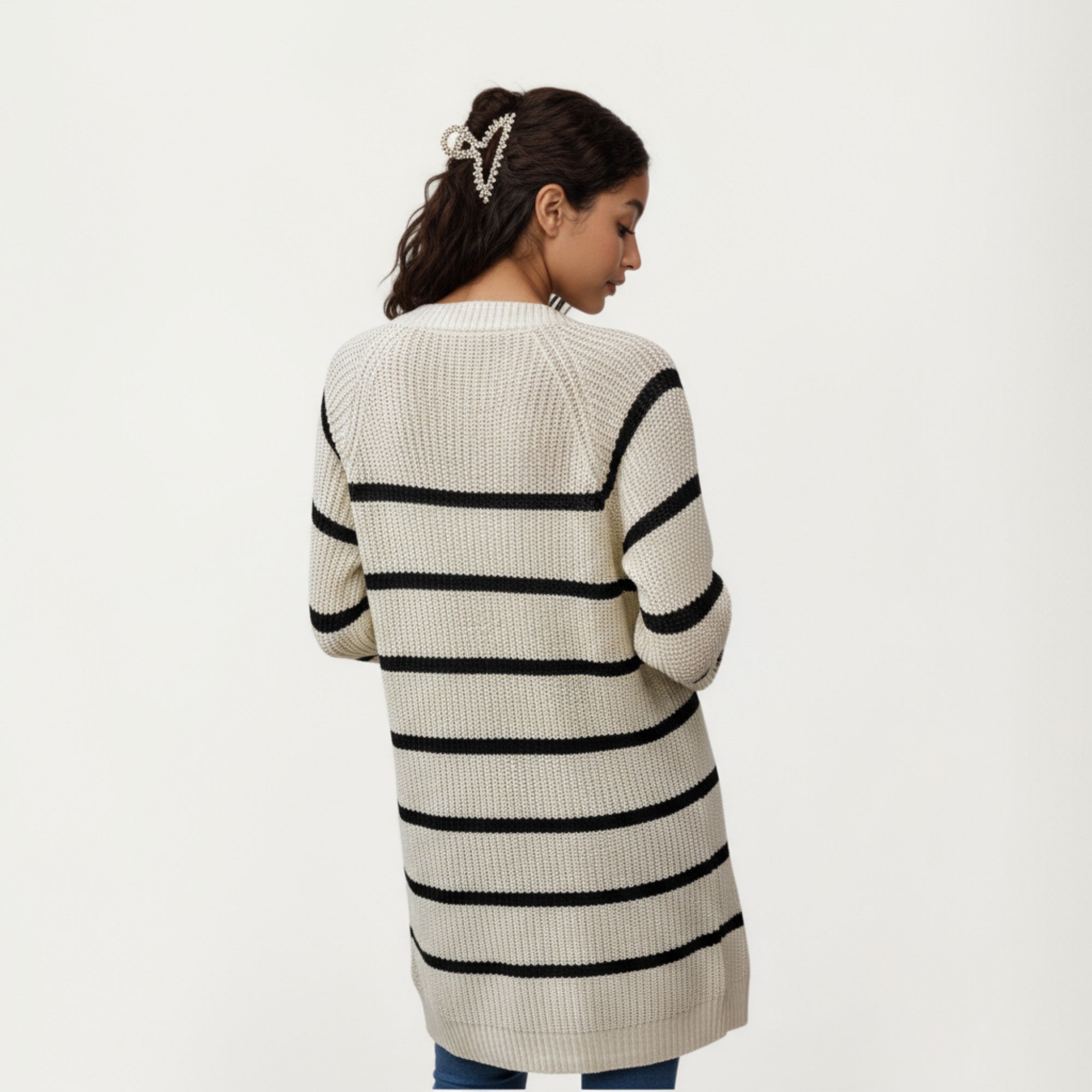 Anna-Kaci Women's Long Sleeve Striped Knit Cardigan with Button Front and Ribbed Trim