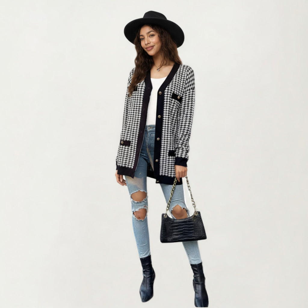Anna-Kaci Women's Long Sleeve Houndstooth Knit Cardigan with Button Front and Pocket Detail