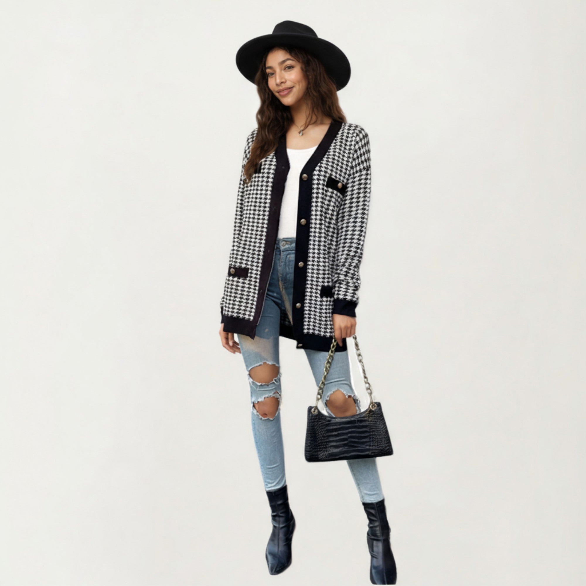 Anna-Kaci Women's Long Sleeve Houndstooth Knit Cardigan with Button Front and Pocket Detail