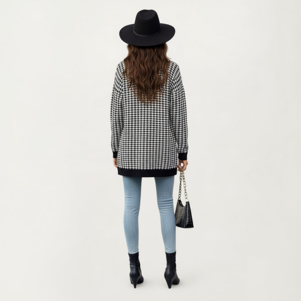 Anna-Kaci Women's Long Sleeve Houndstooth Knit Cardigan with Button Front and Pocket Detail