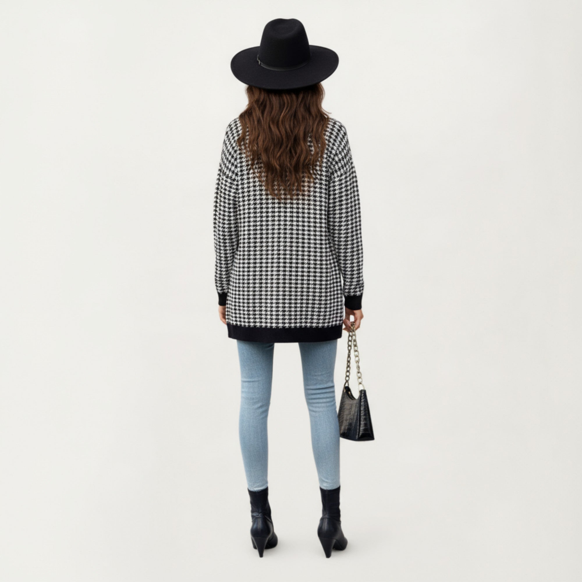 Anna-Kaci Women's Long Sleeve Houndstooth Knit Cardigan with Button Front and Pocket Detail